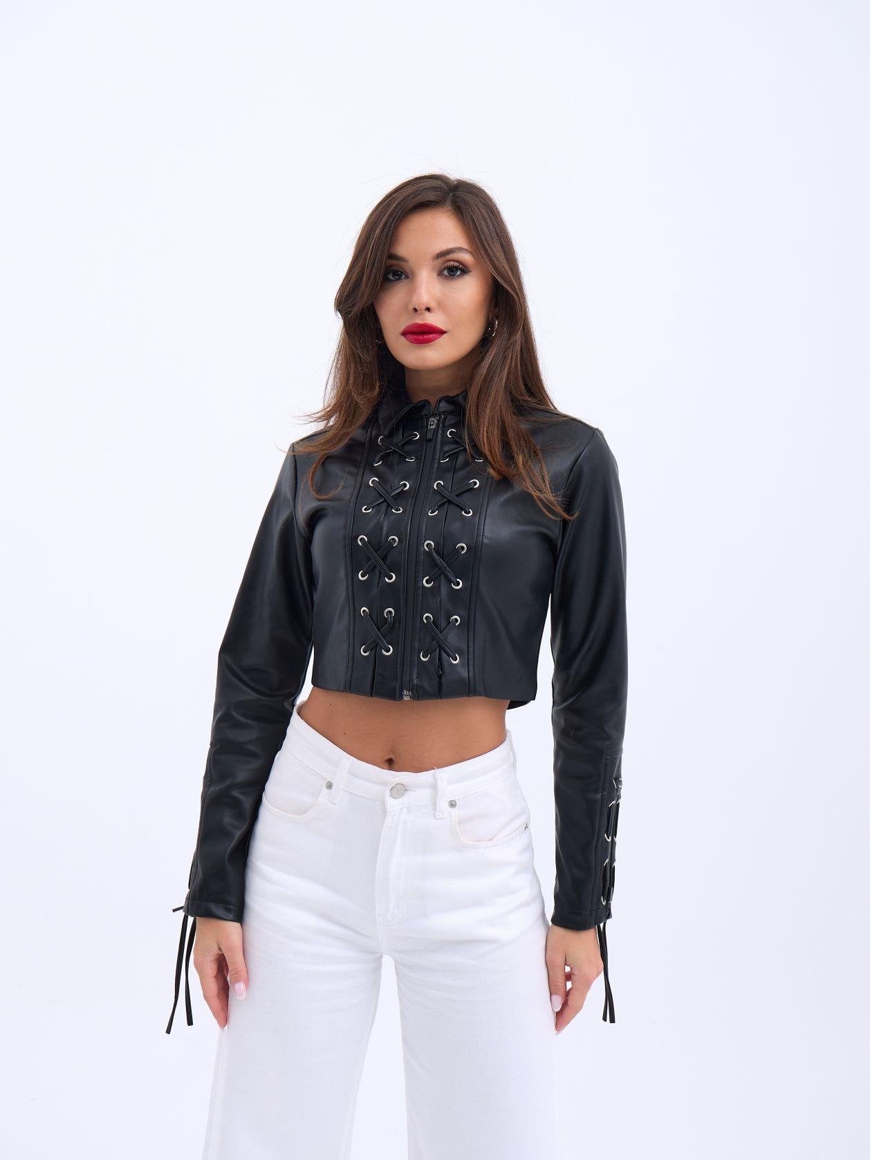 Black Faux Leather Cropped Jacket with Lacing Details - Fame - by Peralane - photo 4