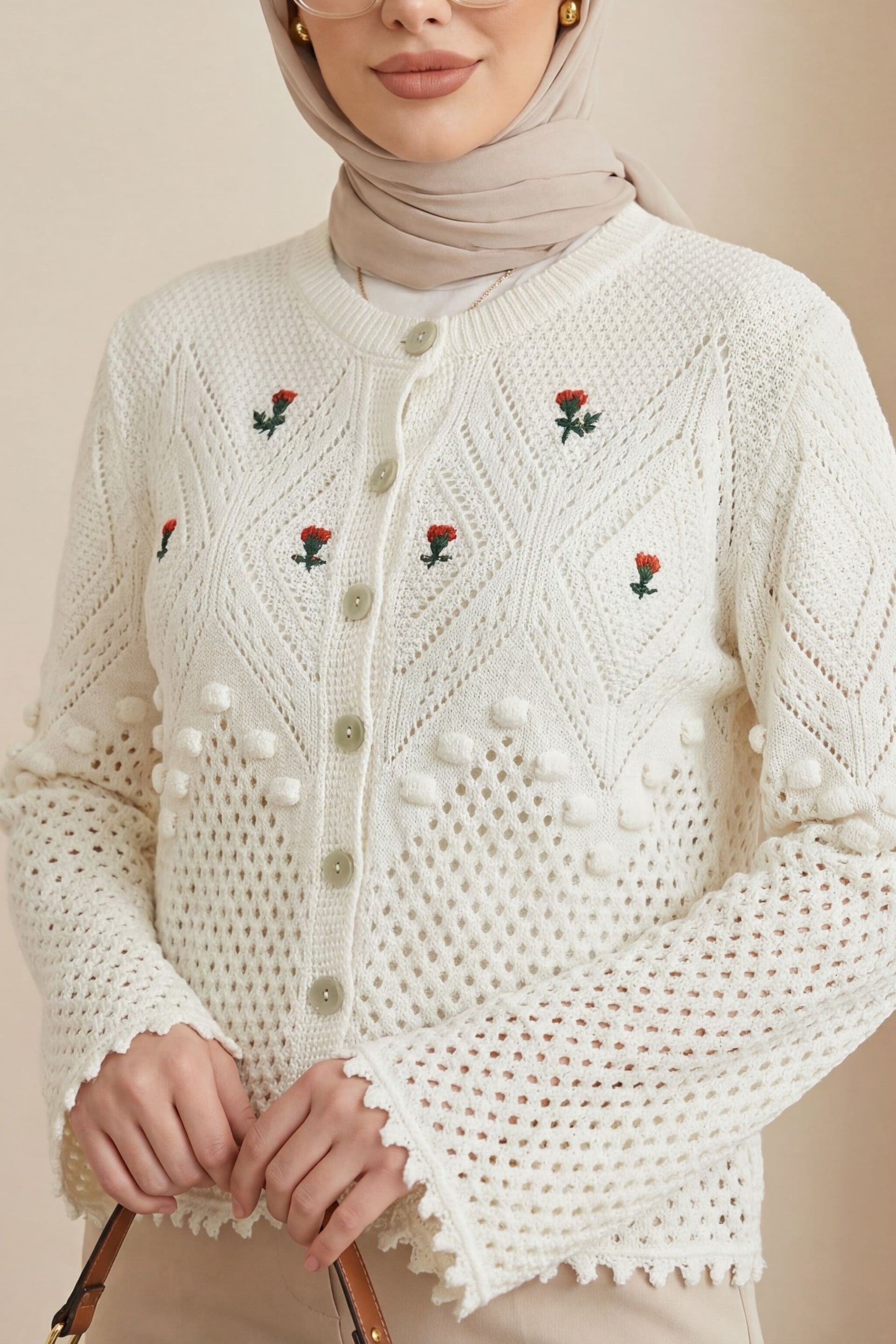 Women's Cream Knit Cardigan with Floral Embroidery and Pom-Pom Trim - Podyumplus - by Peralane - photo 3
