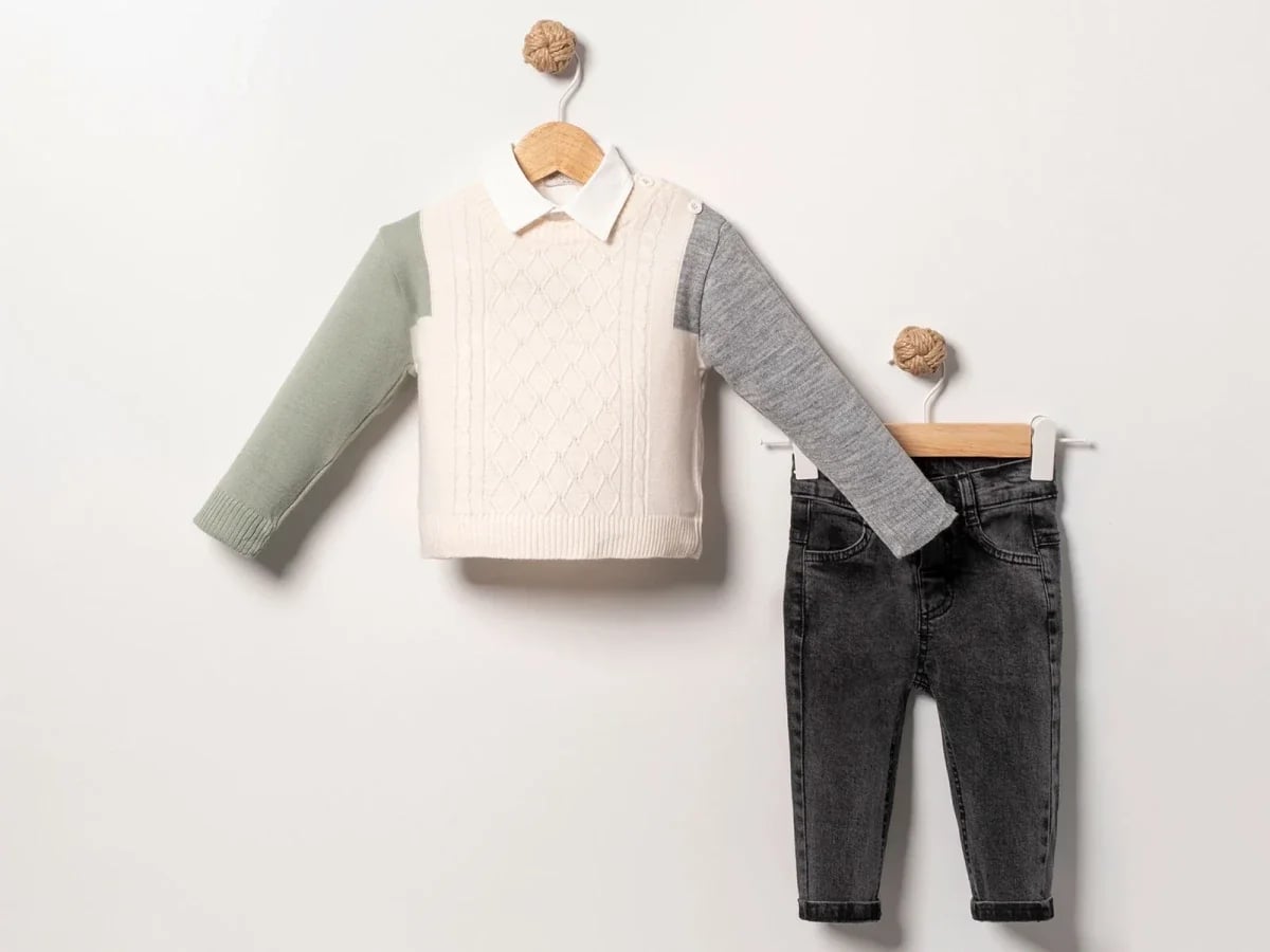 Cable Knit Shirt and Denim Trousers Baby Boy Set - Sage Green - Eymus - by Peralane