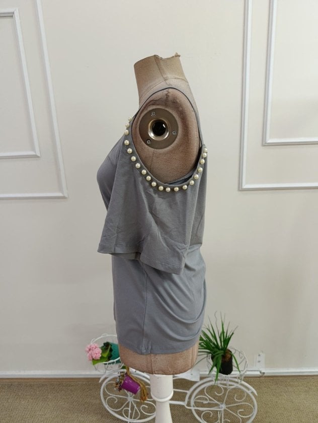 Women's Grey Off-Shoulder Pearl-Trimmed Knit Blouse - Janes - by Peralane - photo 5