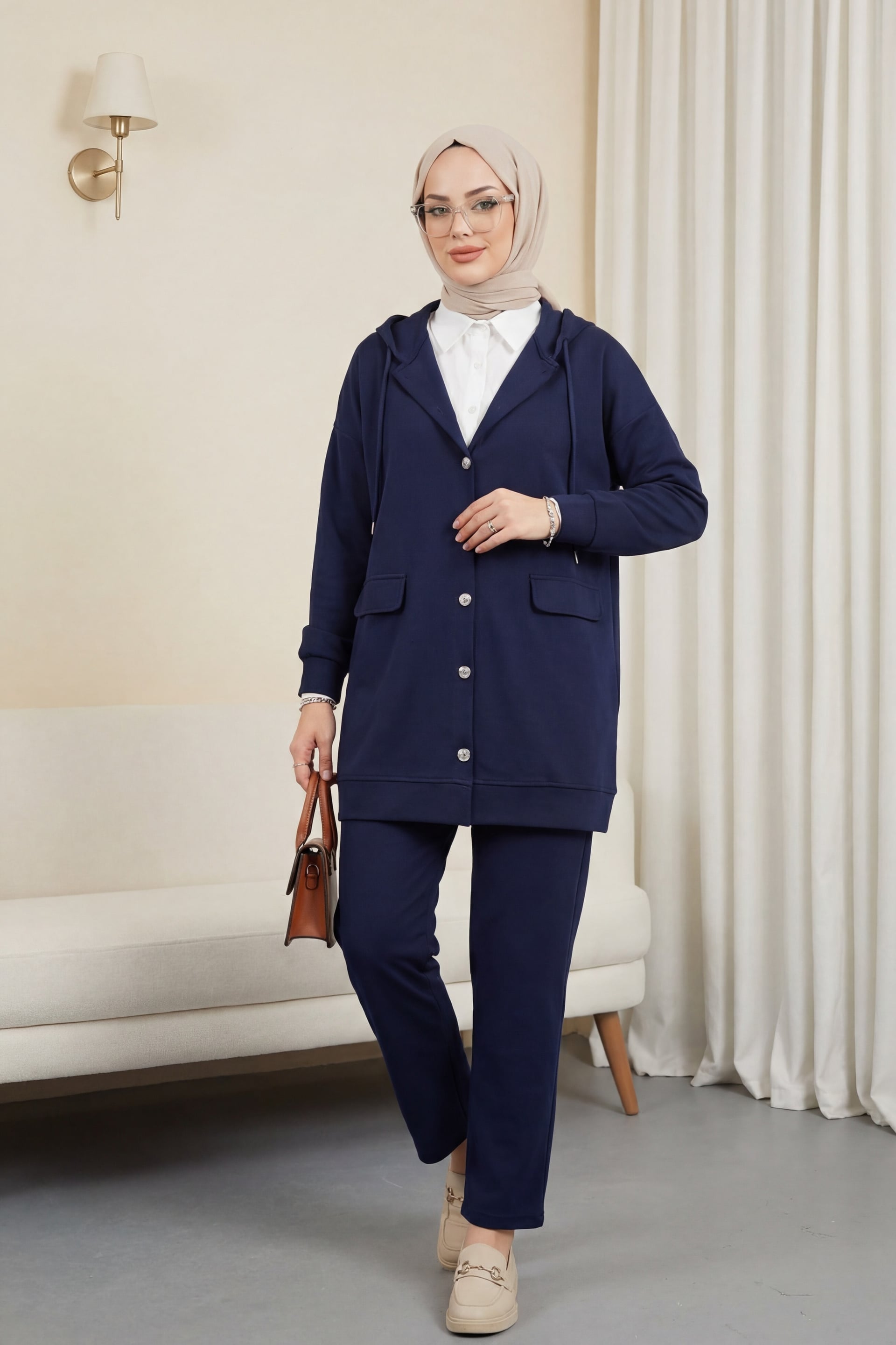 Navy Blue Hooded Zip-Up Two-Piece Set with Pants - Podyumplus - by Peralane