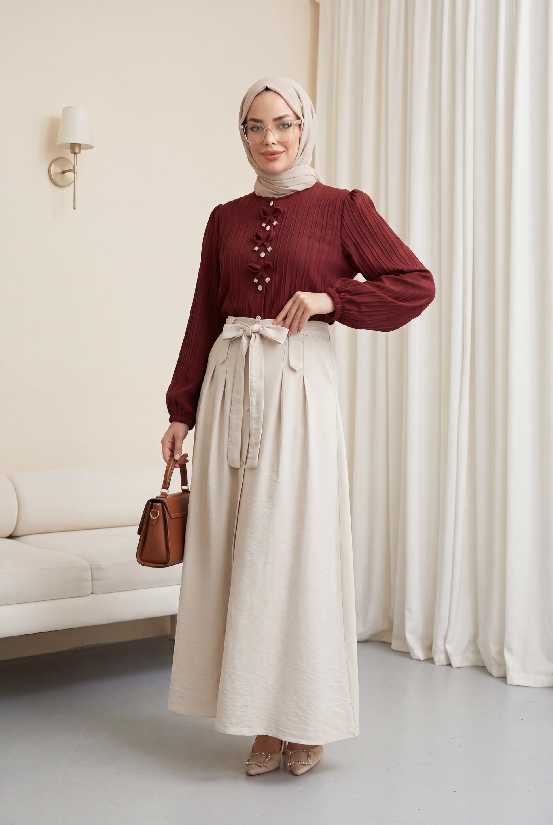 Front Bow Detail Buttoned Blouse with Elastic Cuffs - Burgundy - Podyumplus - by Peralane - photo 5