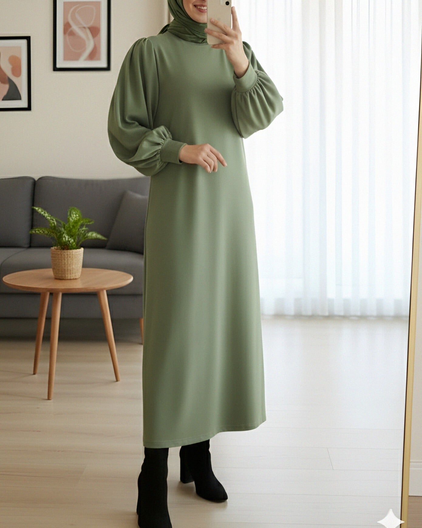 Women's Round Neck Long Knit Dress - Olive Green - Podyumplus - by Peralane - photo 3