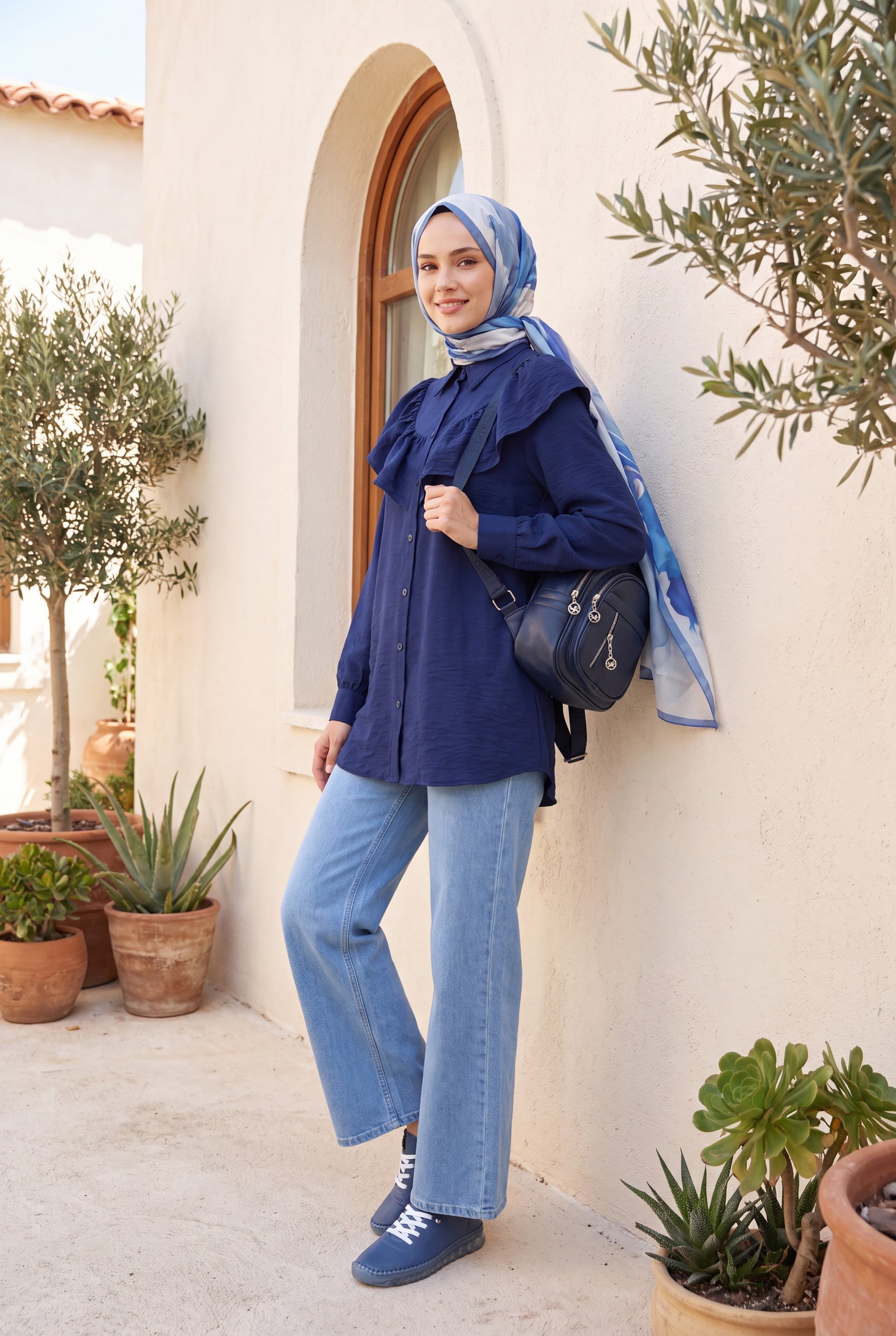 Navy Blue Rayon Tunic with Ruffled Yoke and Button Front - Podyumplus - by Peralane - photo 7