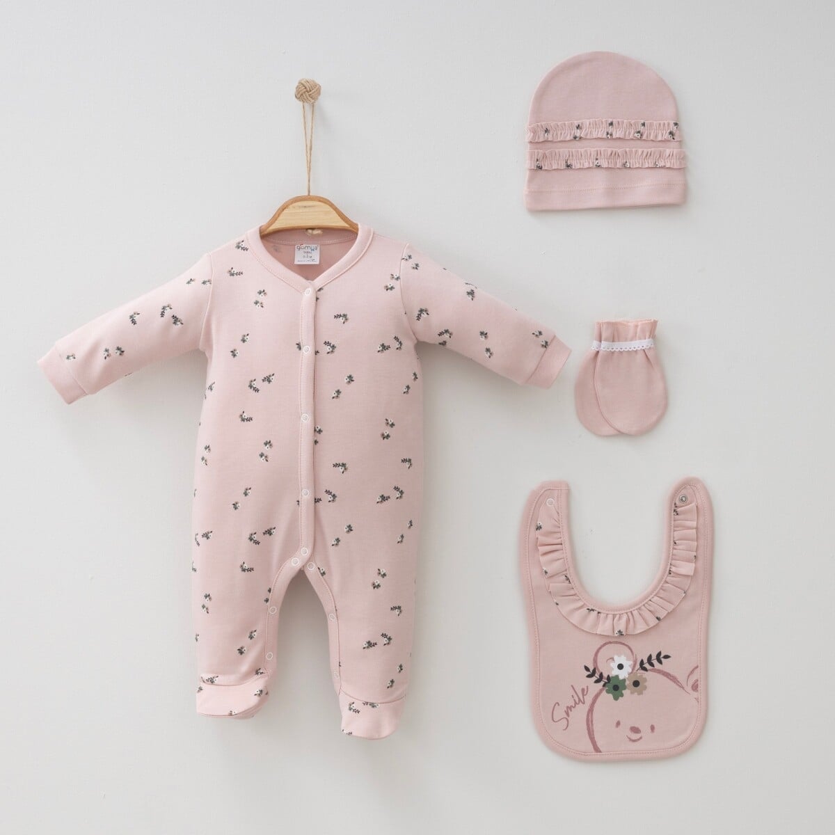 Baby Girls' 4-Piece Newborn Set with Footed Romper, Hat, Mittens, and Bib - 0-3 Months - Gumus Baby - by Peralane