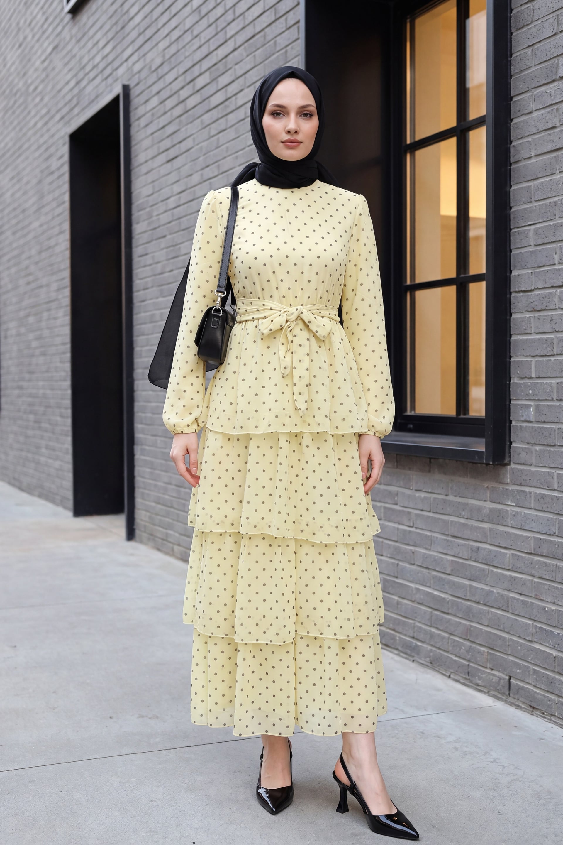 Layered Polka Dot Chiffon Dress with Cross Tie Waist - Light Yellow - Podyumplus - by Peralane - photo 3