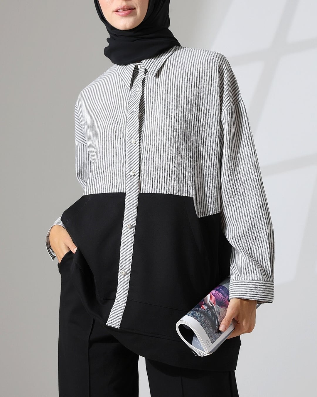 Striped Shirt Detail Two-Piece Set - Black - Podyumplus - by Peralane - photo 4