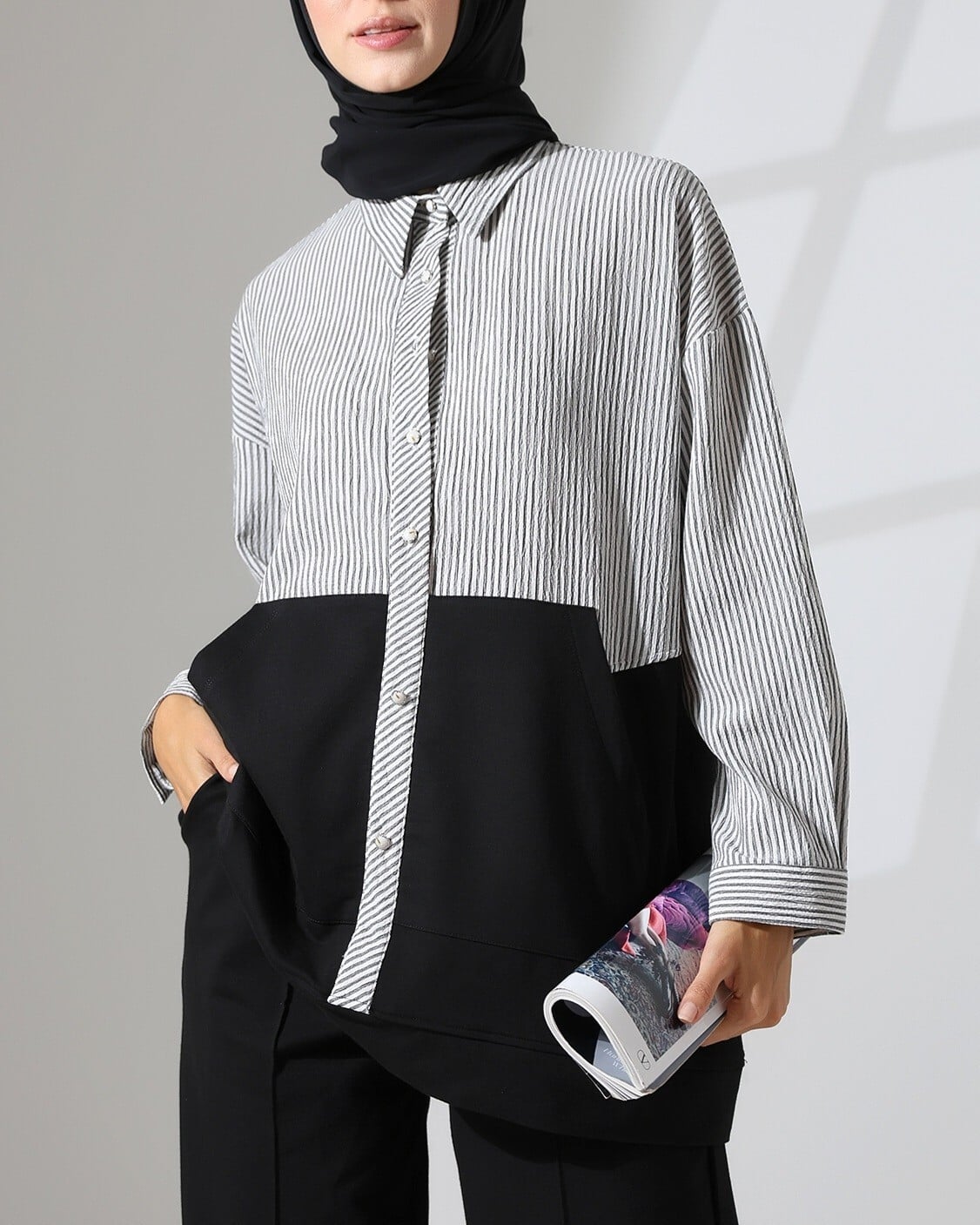 Striped Shirt Detail Two-Piece Set - Black - Podyumplus - by Peralane - photo 4