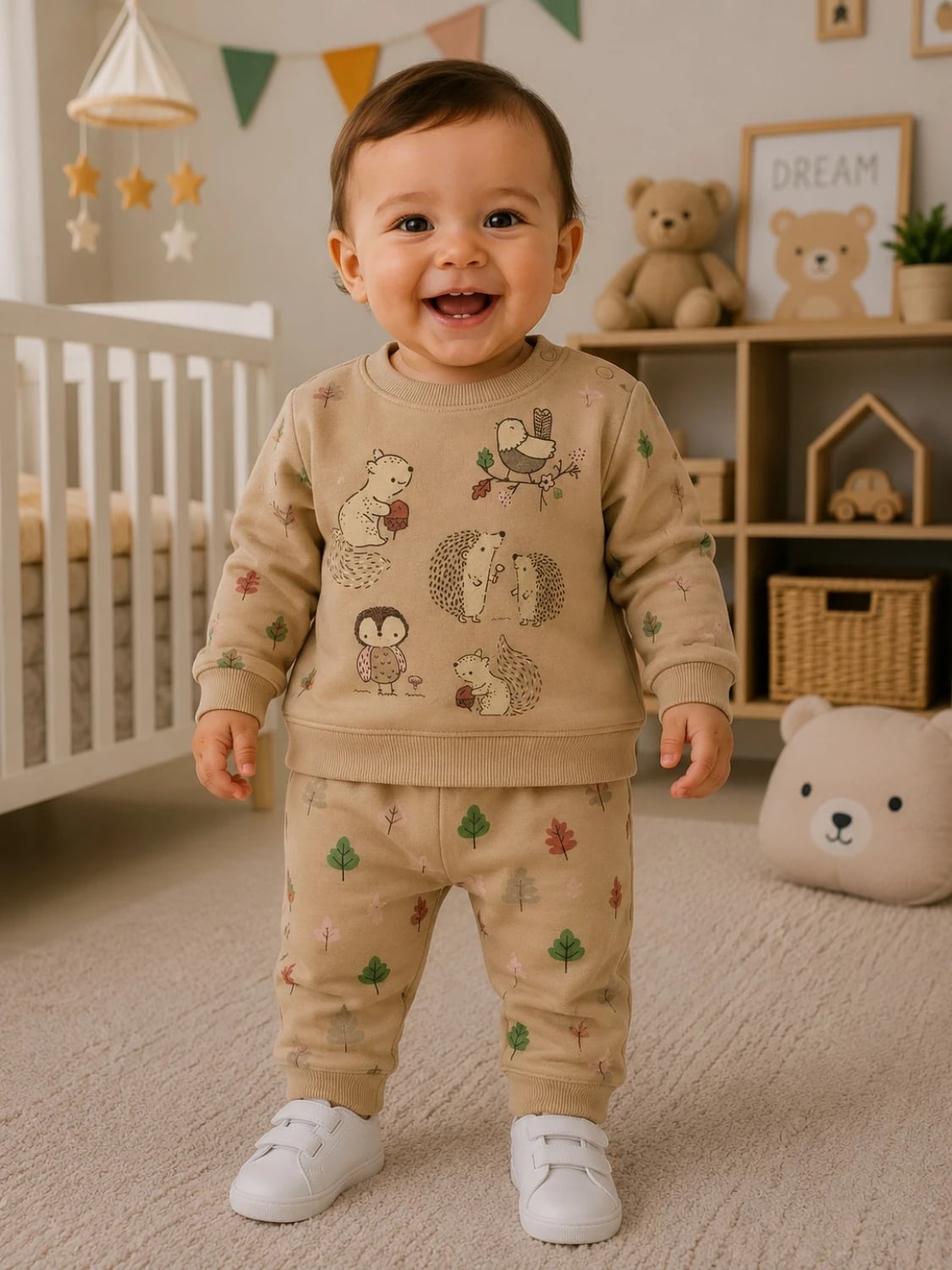 2-Piece Baby Boy Set in Milk Coffee with Woodland Animal Print - 3-12 Months - Has Bereket - by Peralane