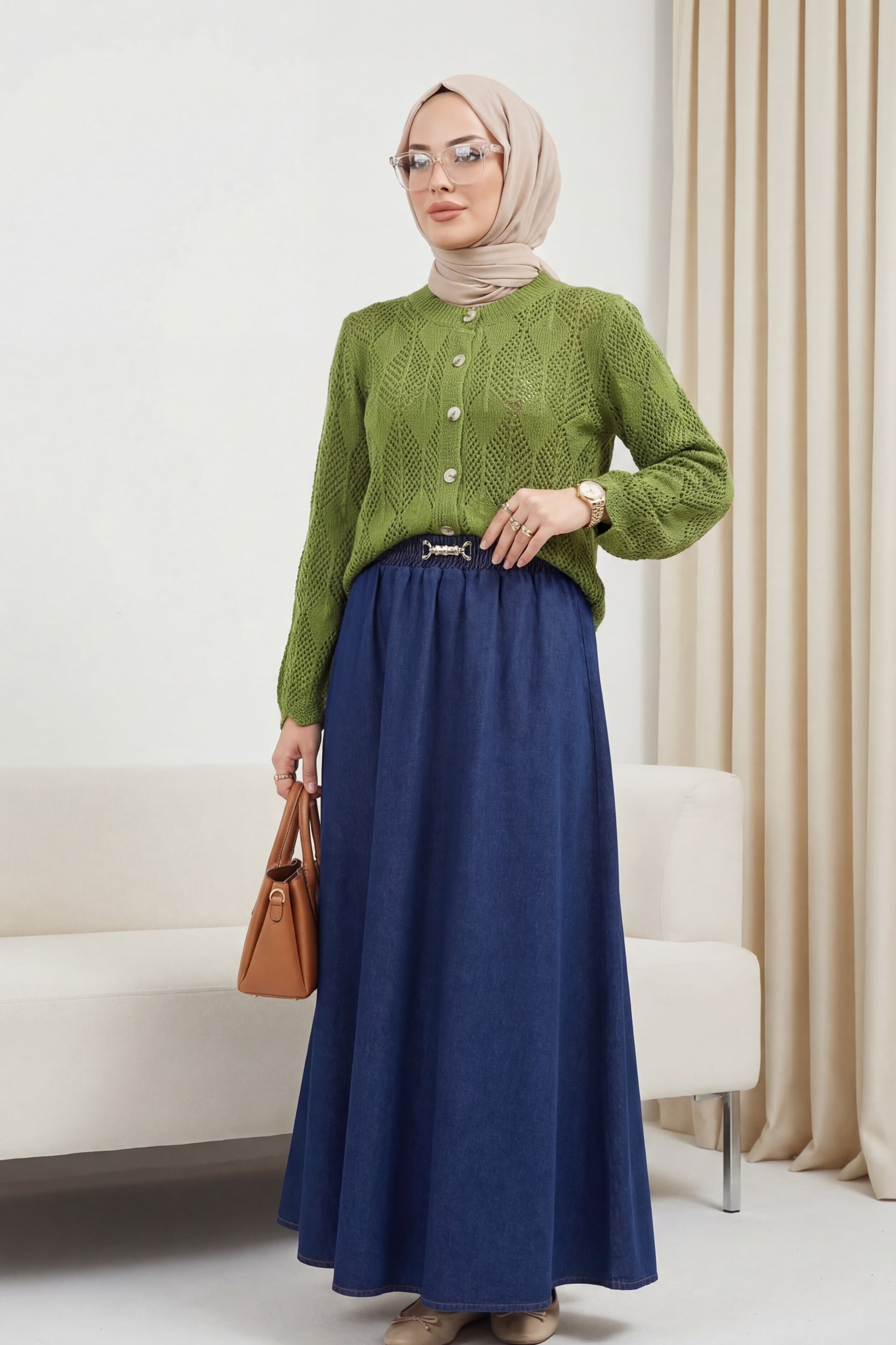 Elasticated Waist Denim Skirt with Buckle Detail - Navy - Podyumplus - by Peralane - photo 2