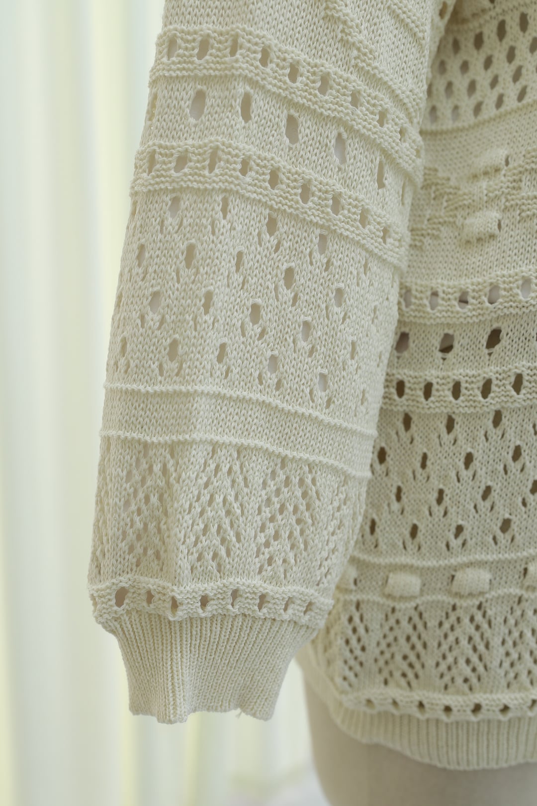 Ajour Patterned Knit Cardigan with Pom-Pom Details - Ecru - Podyumplus - by Peralane - photo 6