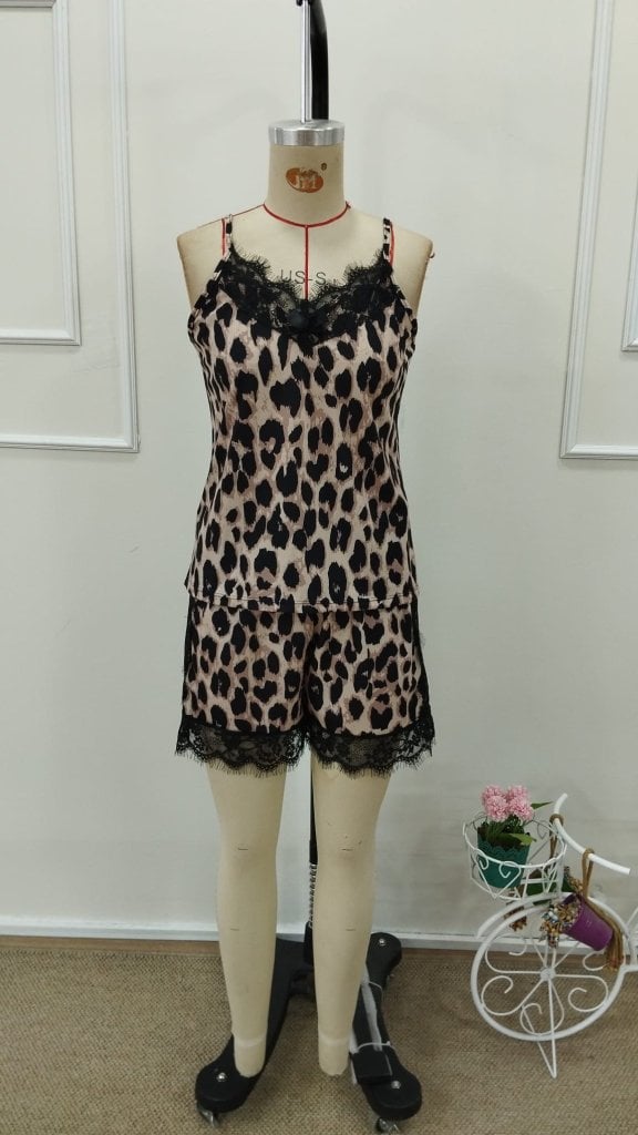 Women's Spaghetti Strap V-Neck Lace Trim Leopard Print Camisole and Shorts Pajama Set - Janes - by Peralane - photo 6
