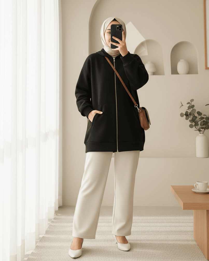 Black Hooded Zip-Up Fleece Sweatshirt for Women - Podyumplus - by Peralane - photo 3