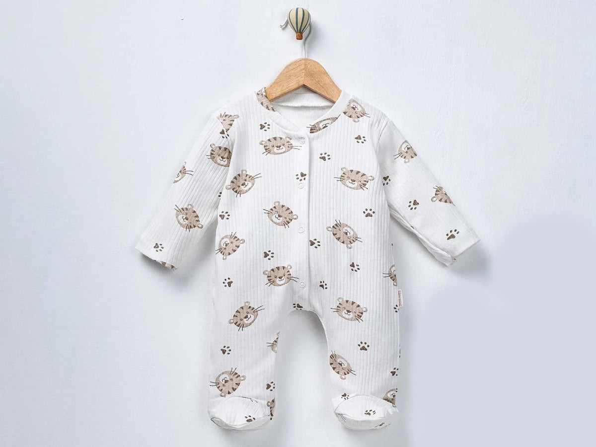 Tiger Print Footed Baby Romper - White, Pack of 3 - Supermini - by Peralane