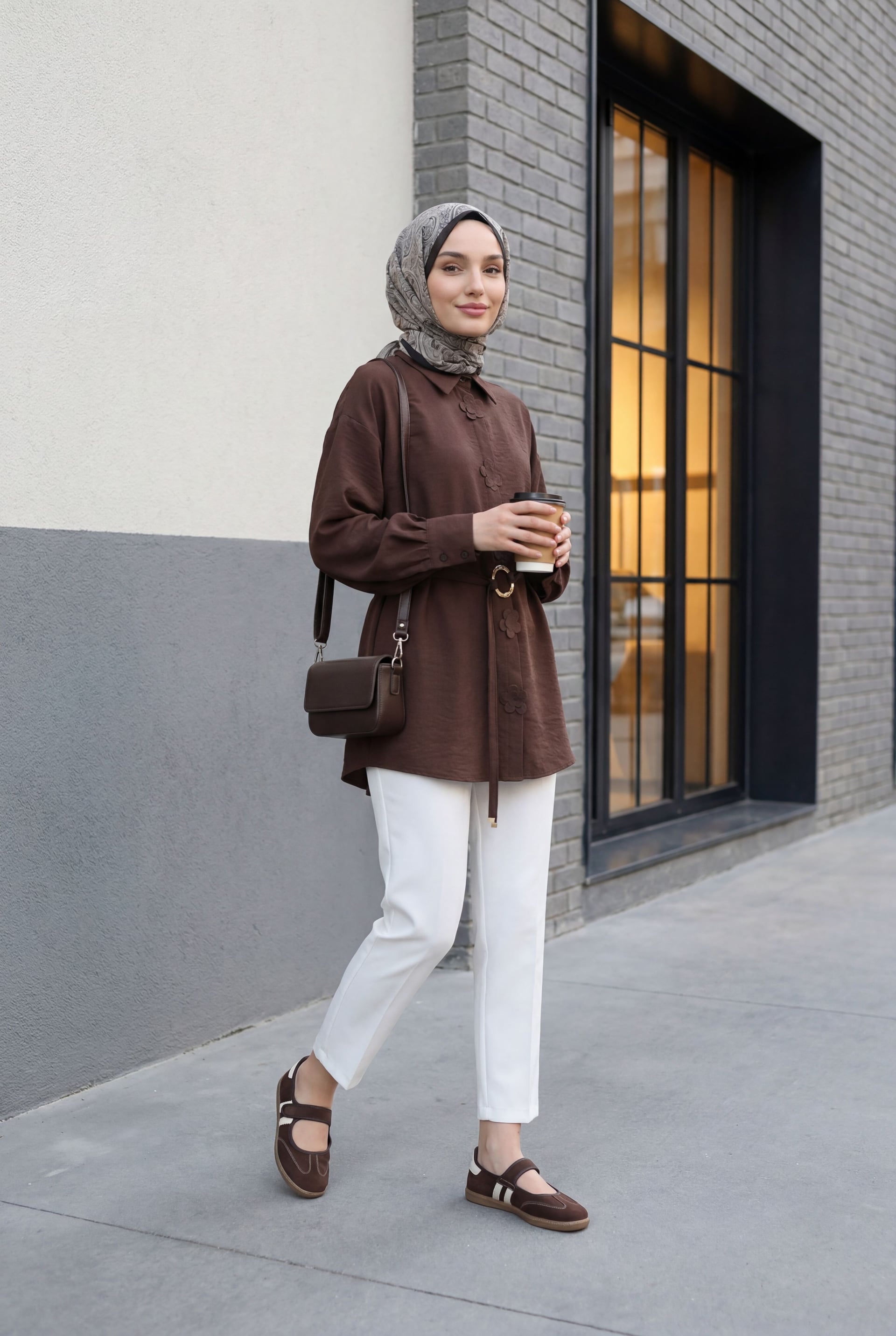 Floral Detail Belted Modal Tunic - Dark Brown - Podyumplus - by Peralane - photo 2