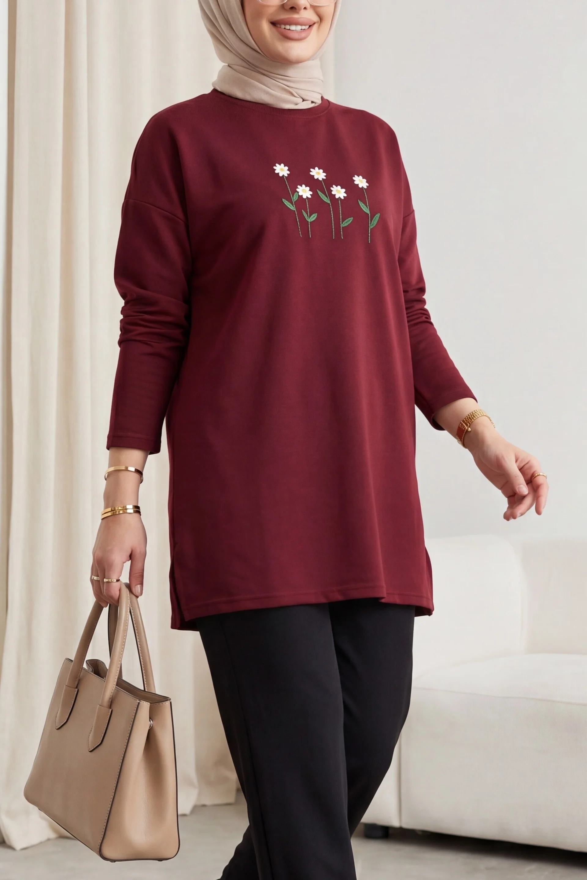 Round Neck Cotton Jersey Tunic with Daisy Embroidery - Bordeaux - Podyumplus - by Peralane - photo 5