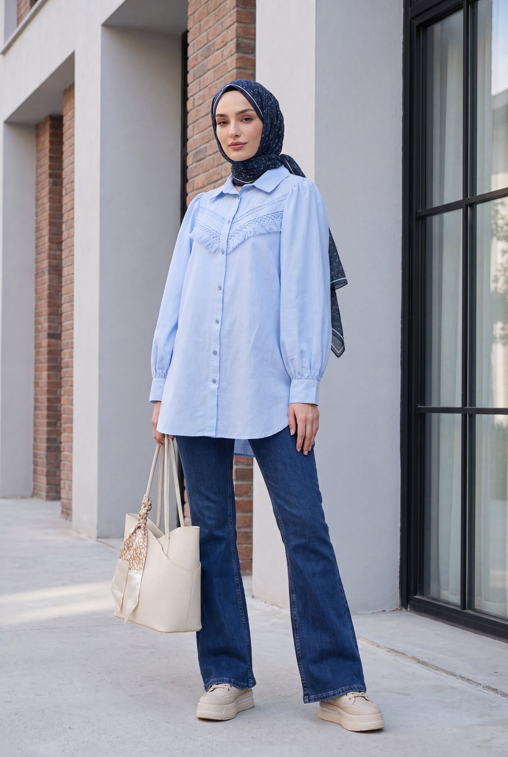 Light Blue Puff Sleeve Tunic with Lace Details - Podyumplus - by Peralane - photo 4