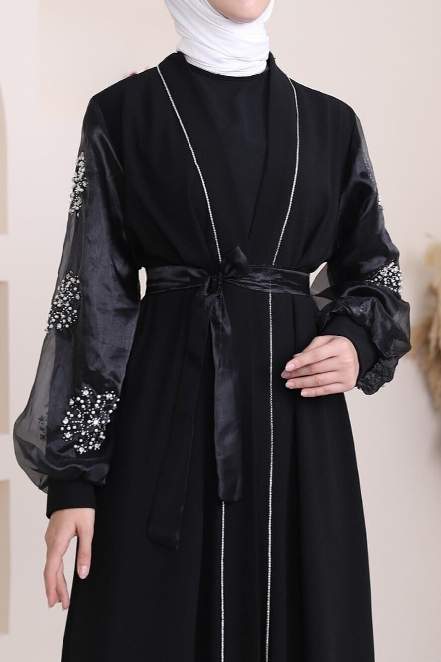 Black Belted Abaya with Pearl and Stone Detailing – Women's Modest Wear - Podyumplus - by Peralane - photo 5