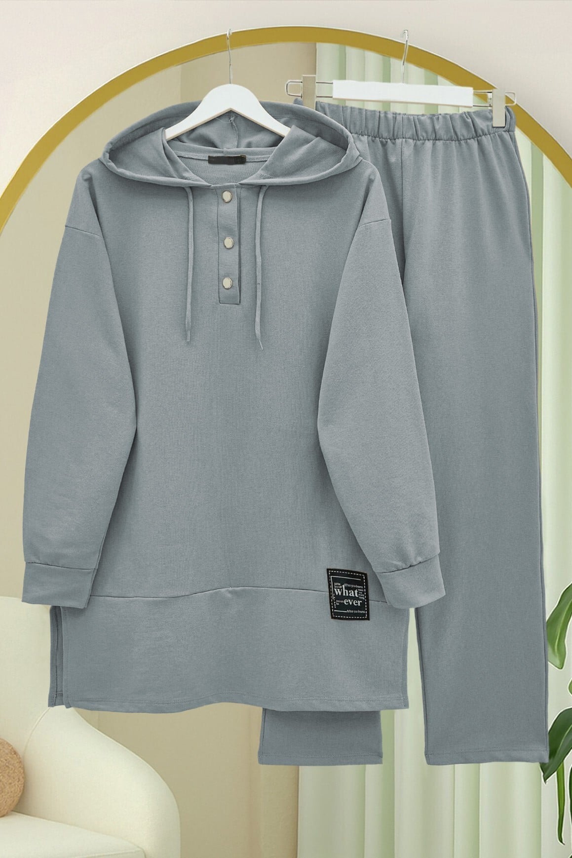 Snap-Front Hooded Tunic and Wide-Leg Trouser Loungewear Set - Silver - Podyumplus - by Peralane - photo 5