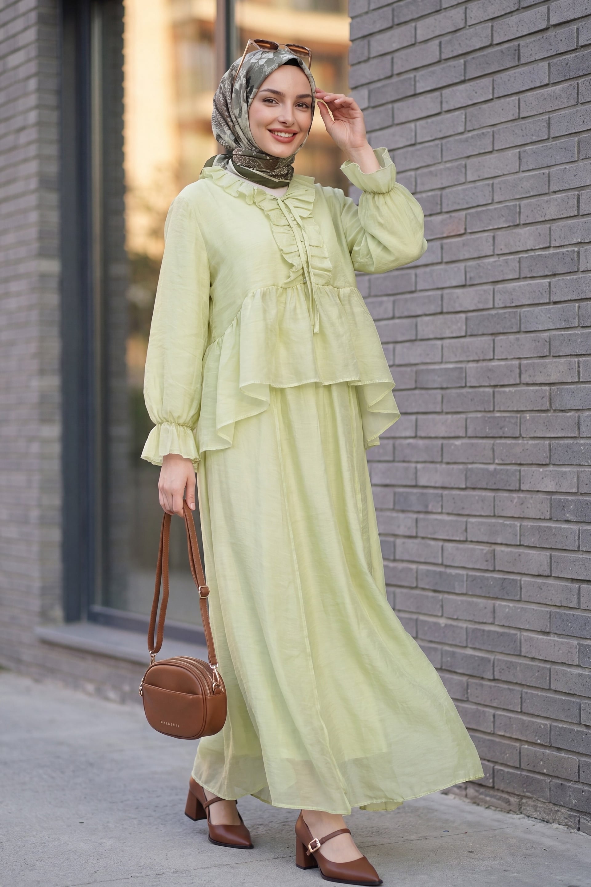 Tie-Neck Ruffled Sleeve Asymmetric Tulle Voile Co-ord Set in Pale Green - Podyumplus - by Peralane - photo 2