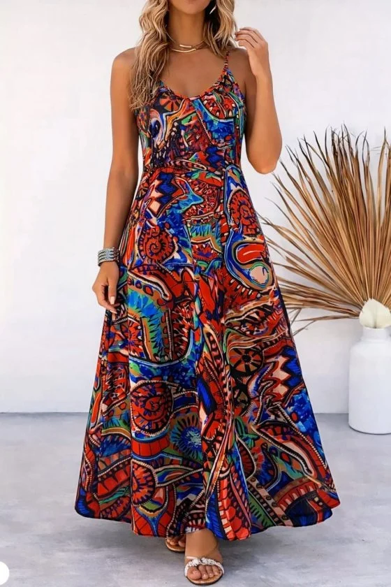 Women's Spaghetti Strap V-Neck Patterned Maxi Suprem Dress - Janes - by Peralane