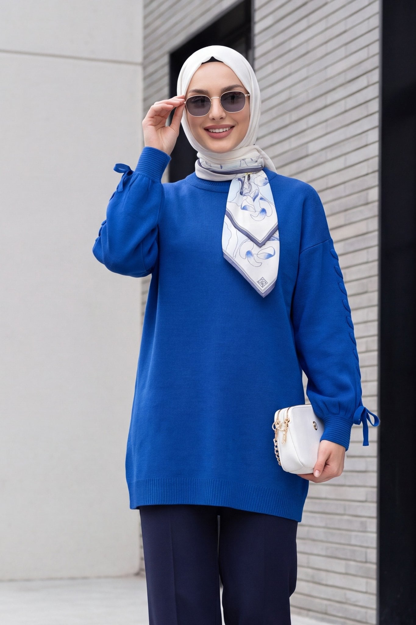 Round Neck Knit Sweater with Knitted Sleeve Detail - Royal Blue - Podyumplus - by Peralane - photo 2