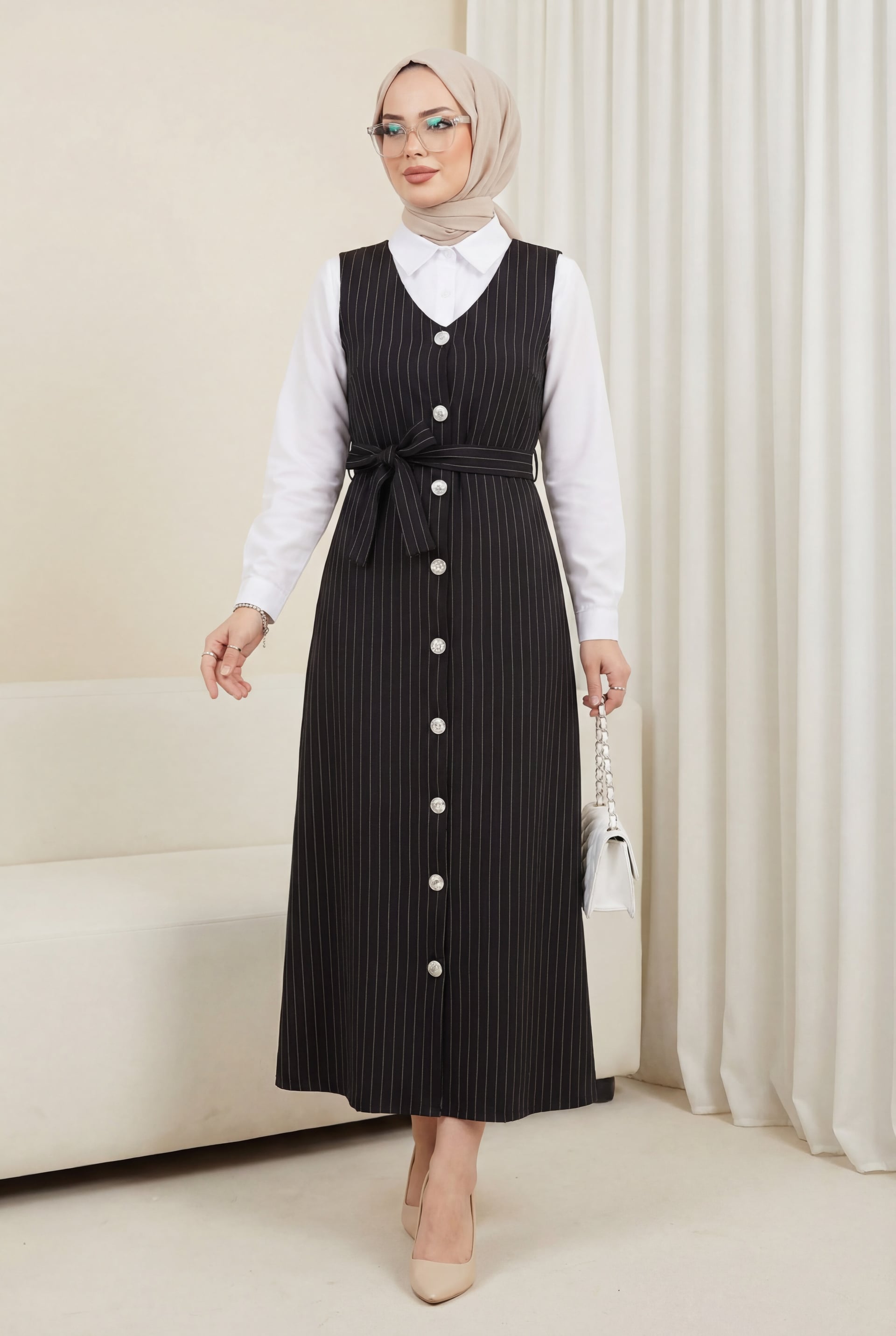 Black Pinstripe V-Neck Button-Front Belted Jile Dress - Podyumplus - by Peralane