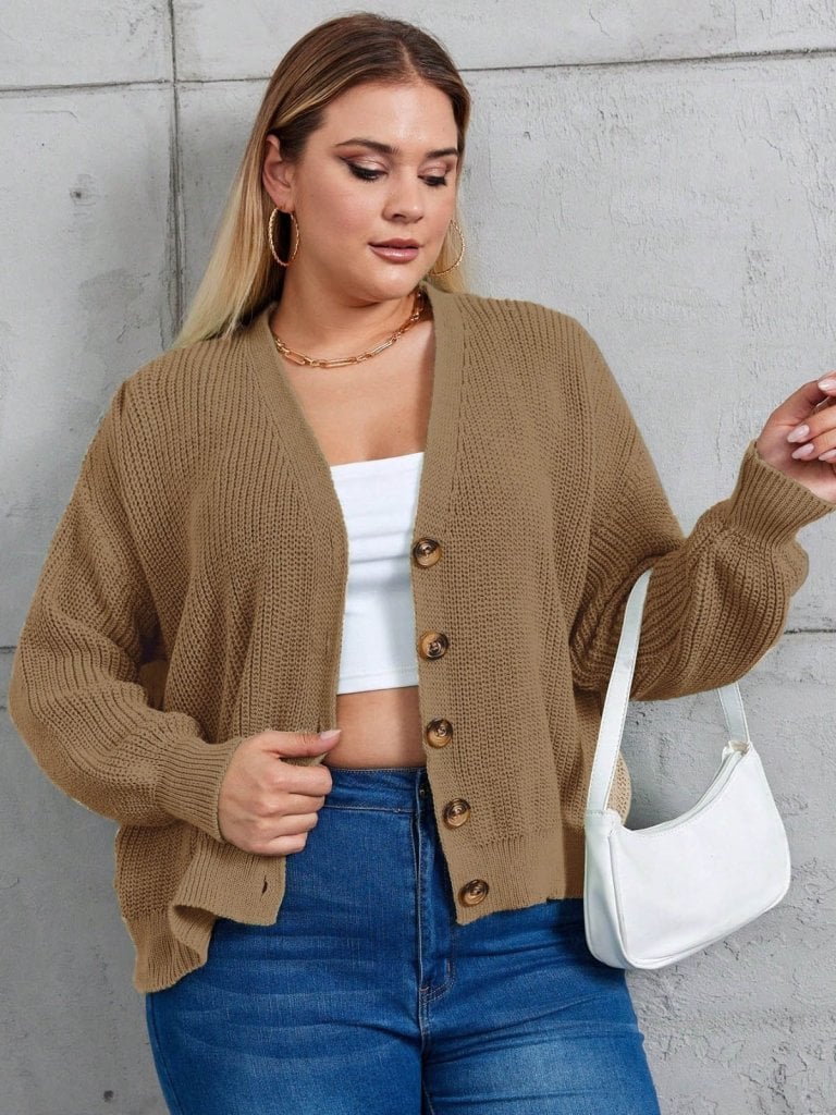 Women's Brown Five-Button Plus Size Knit Cardigan - Janes - by Peralane
