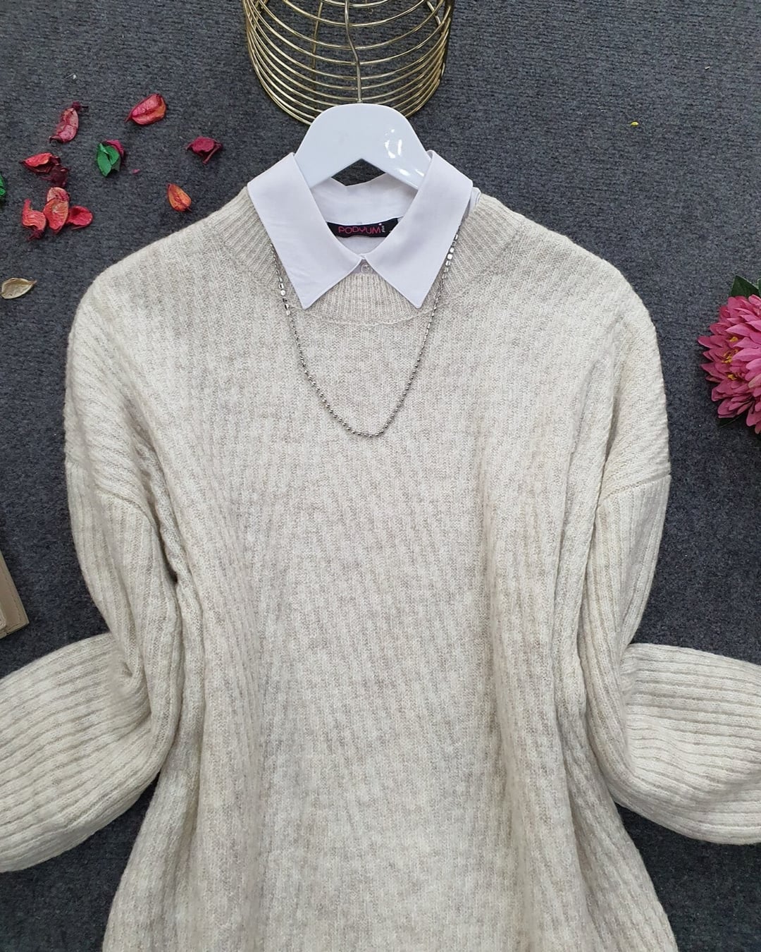 Crew Neck Diamond Pattern Knit Tunic - Stone - Podyumplus - by Peralane - photo 4