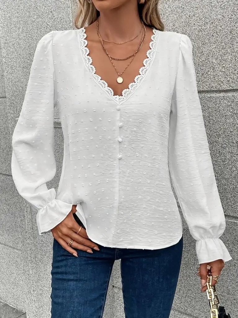 Women's White V-Neck Long Sleeve Button-Down Blouse with Lace Trim - Janes - by Peralane - photo 3