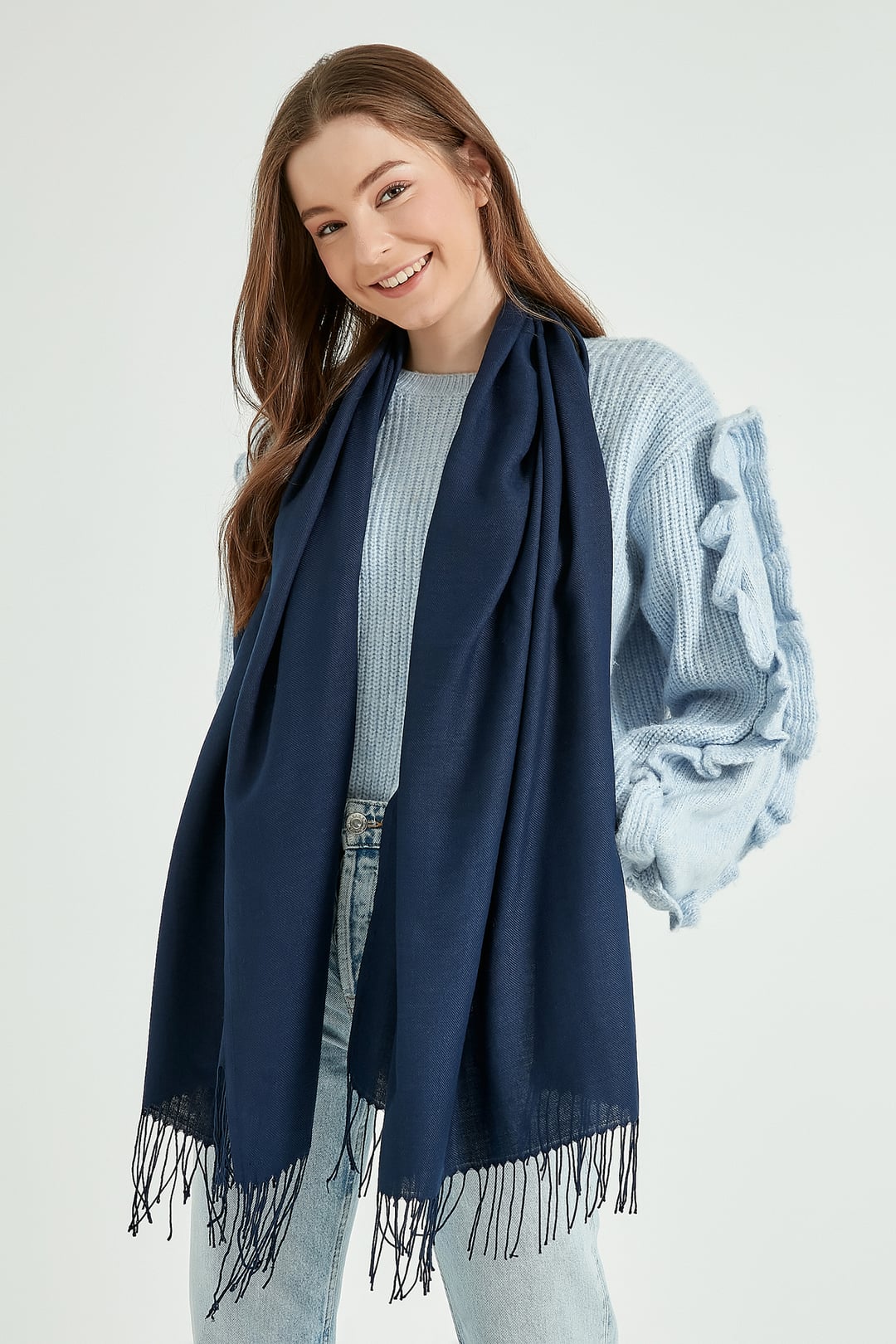 Solid Navy Blue Fringed Scarf for Women - Nesvay - by Peralane