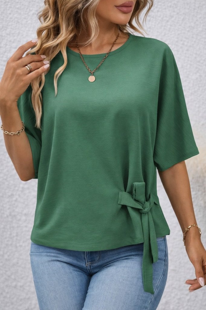 Women's Short-Sleeve Round Neck Side-Tie Knit Blouse - Janes - by Peralane
