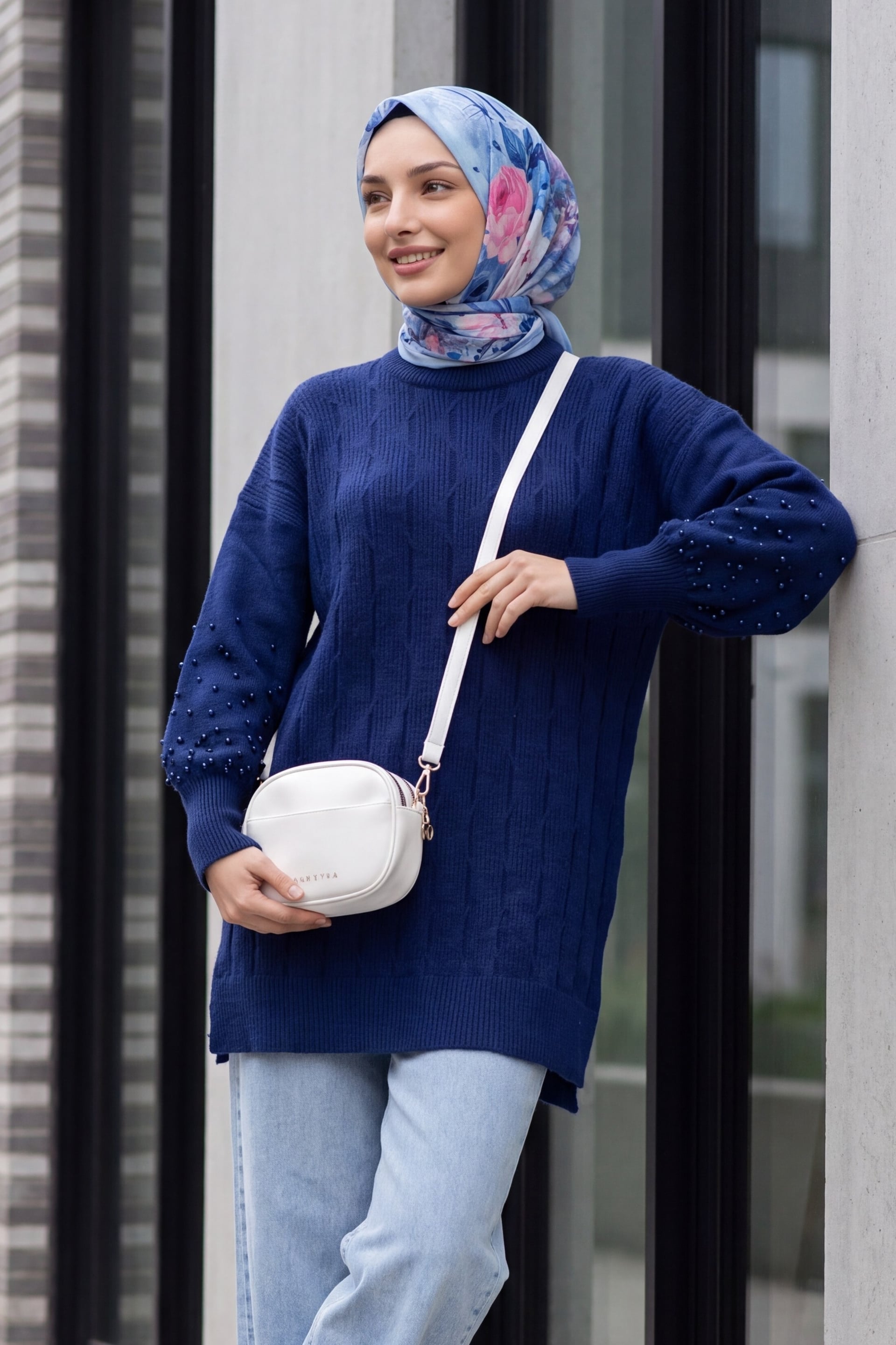 Pearl Detail Patterned Relaxed Knit Tunic - Navy - Podyumplus - by Peralane - photo 2