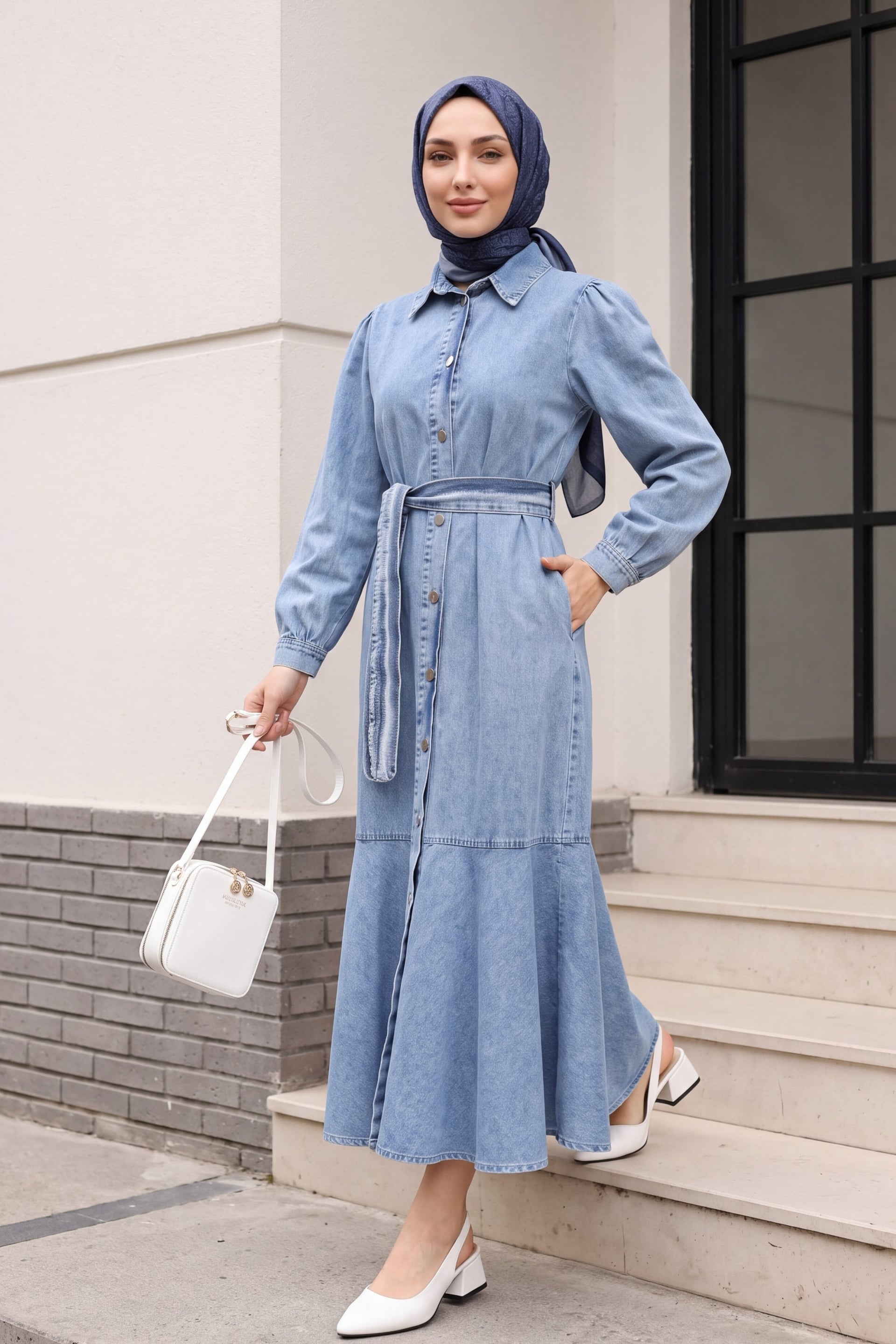 Long-Sleeved Collared Denim Dress with Full Button Front and Flounced Skirt - Light Blue - Podyumplus - by Peralane - photo 2