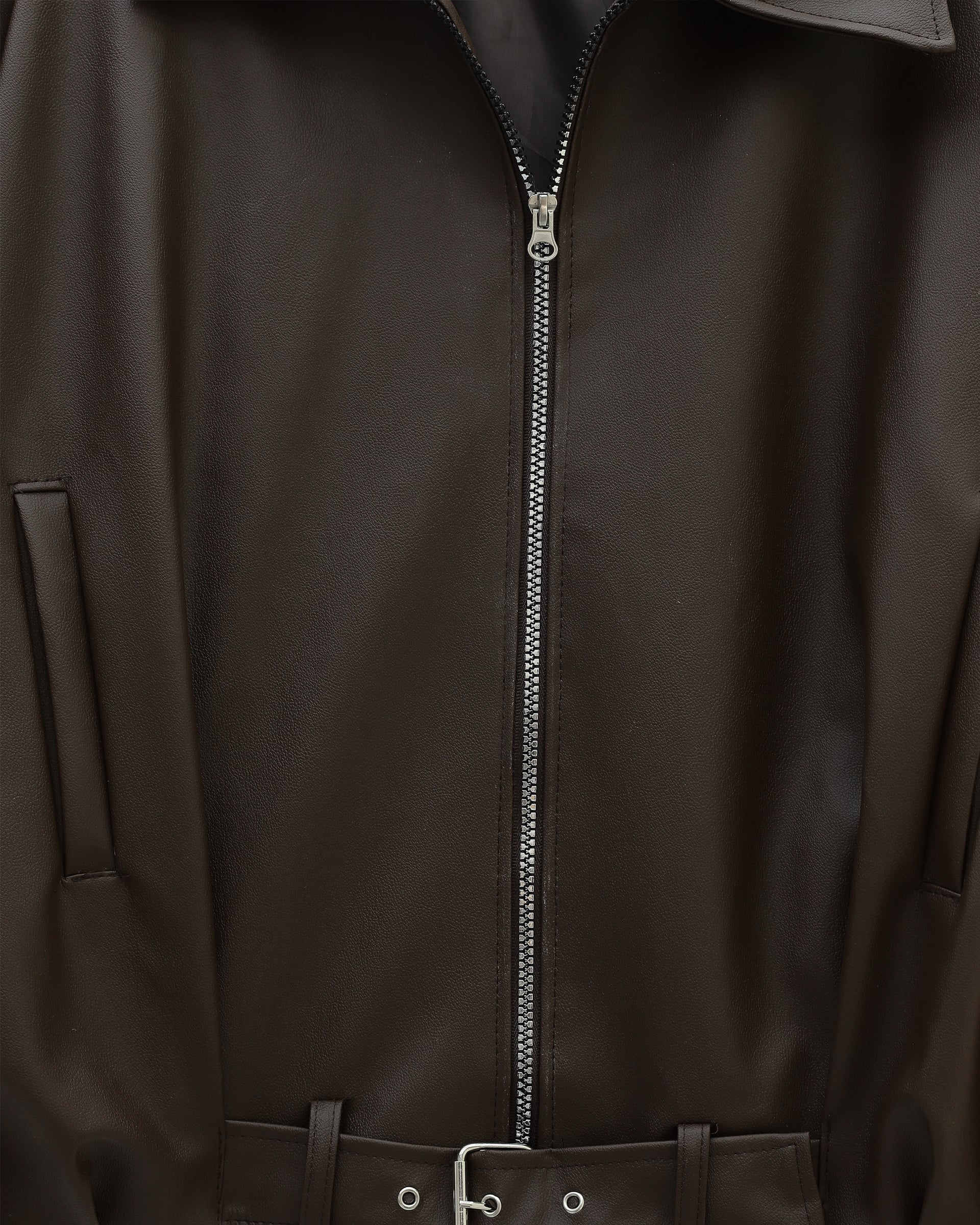 Women's Belted Faux Leather Jacket with Lining - Brown - Podyumplus - by Peralane - photo 5