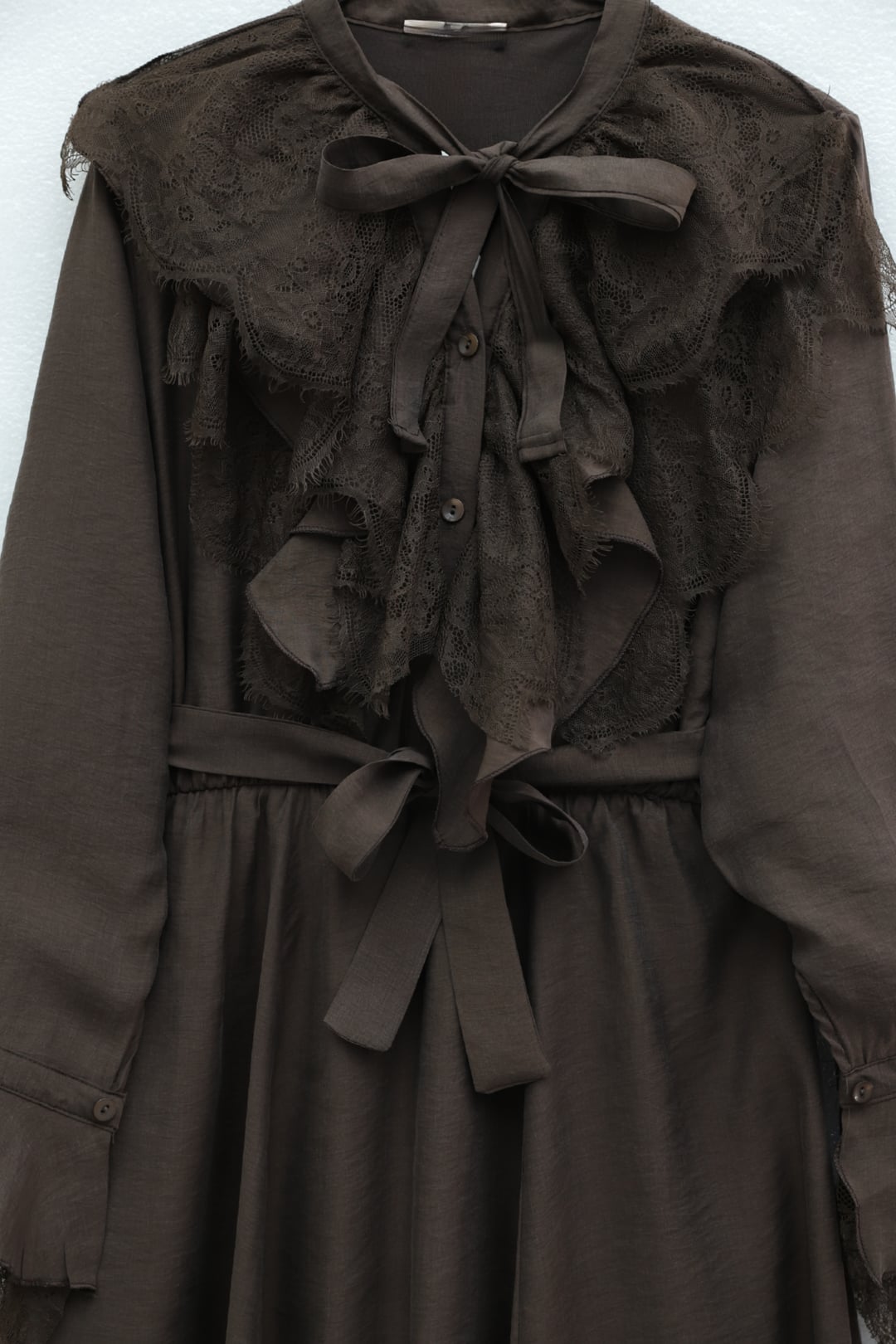 Women's Belted Half-Button Ruffled Cupra Dress - Dark Brown - Podyumplus - by Peralane - photo 3