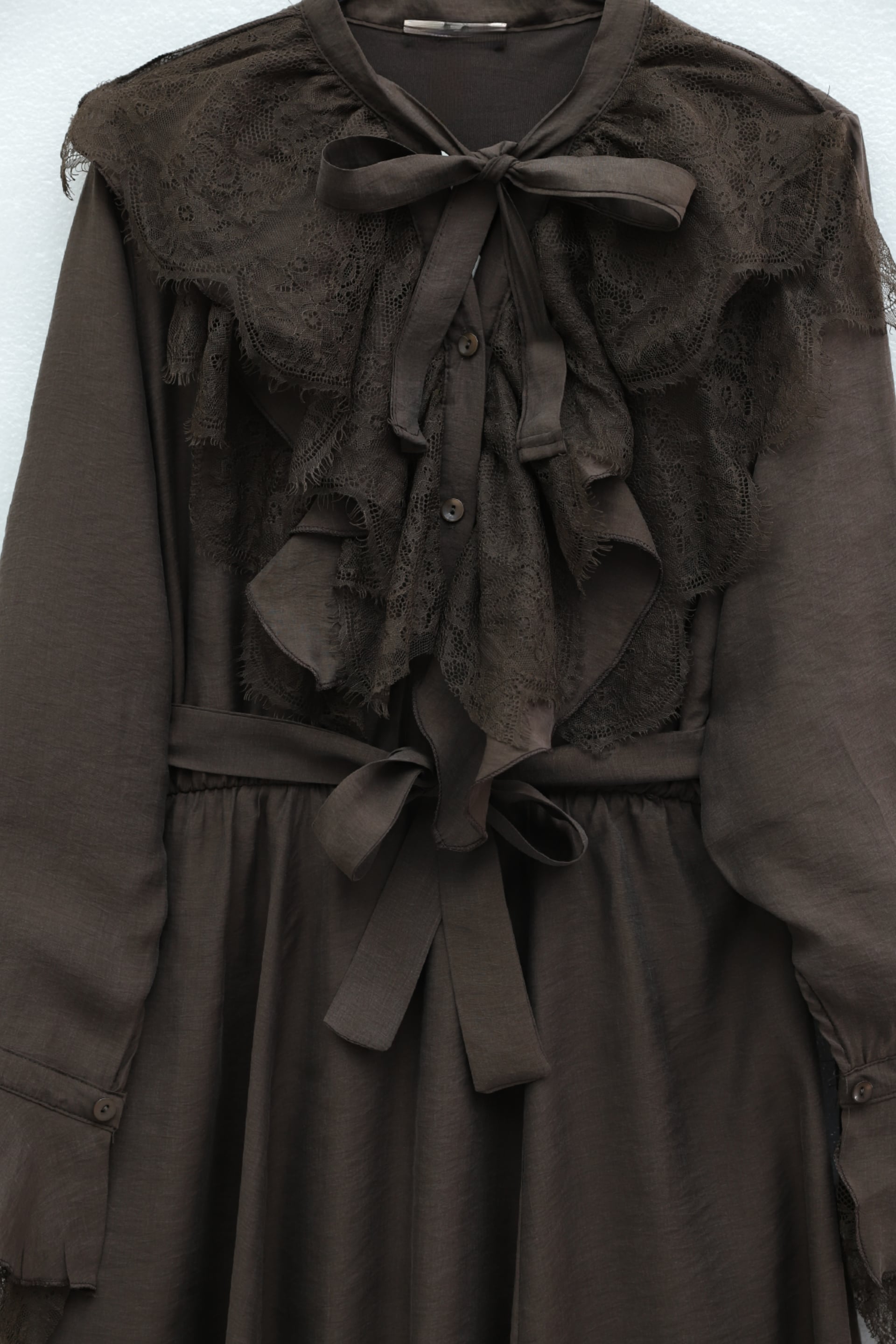 Women's Belted Half-Button Ruffled Cupra Dress - Dark Brown - Podyumplus - by Peralane - photo 3