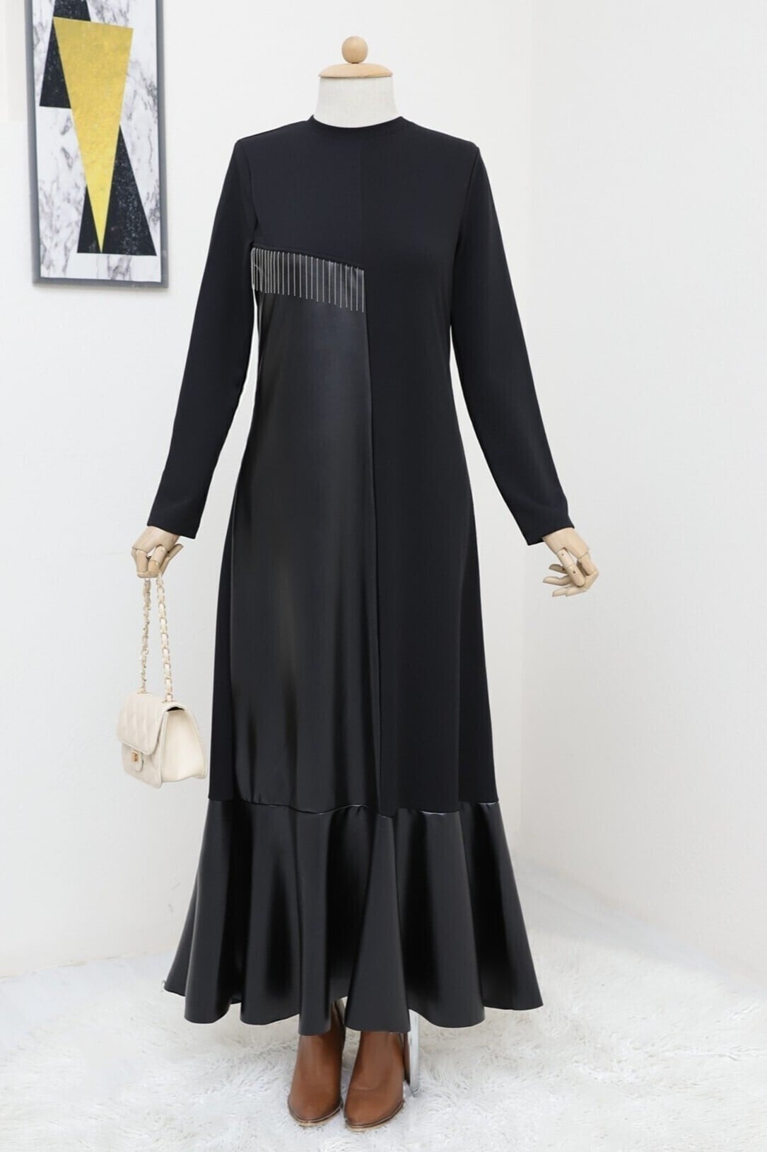 Black Long-Sleeved Tie-Waist Tiered Dress with Decorative Detail - Podyumplus - by Peralane - photo 9