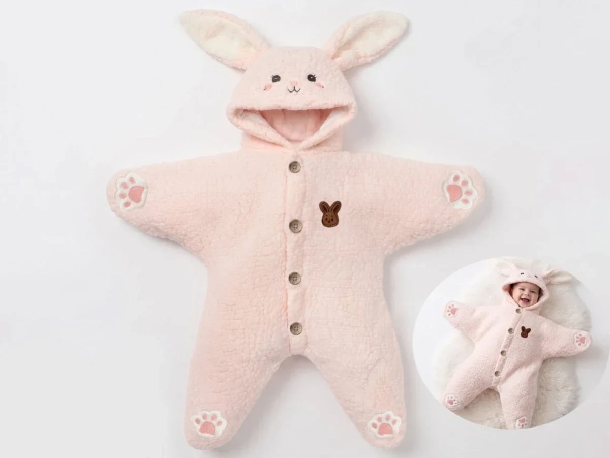 Bunny Embroidery Hooded Welsoft Plush Baby Romper - Powder - Cayzen - by Peralane