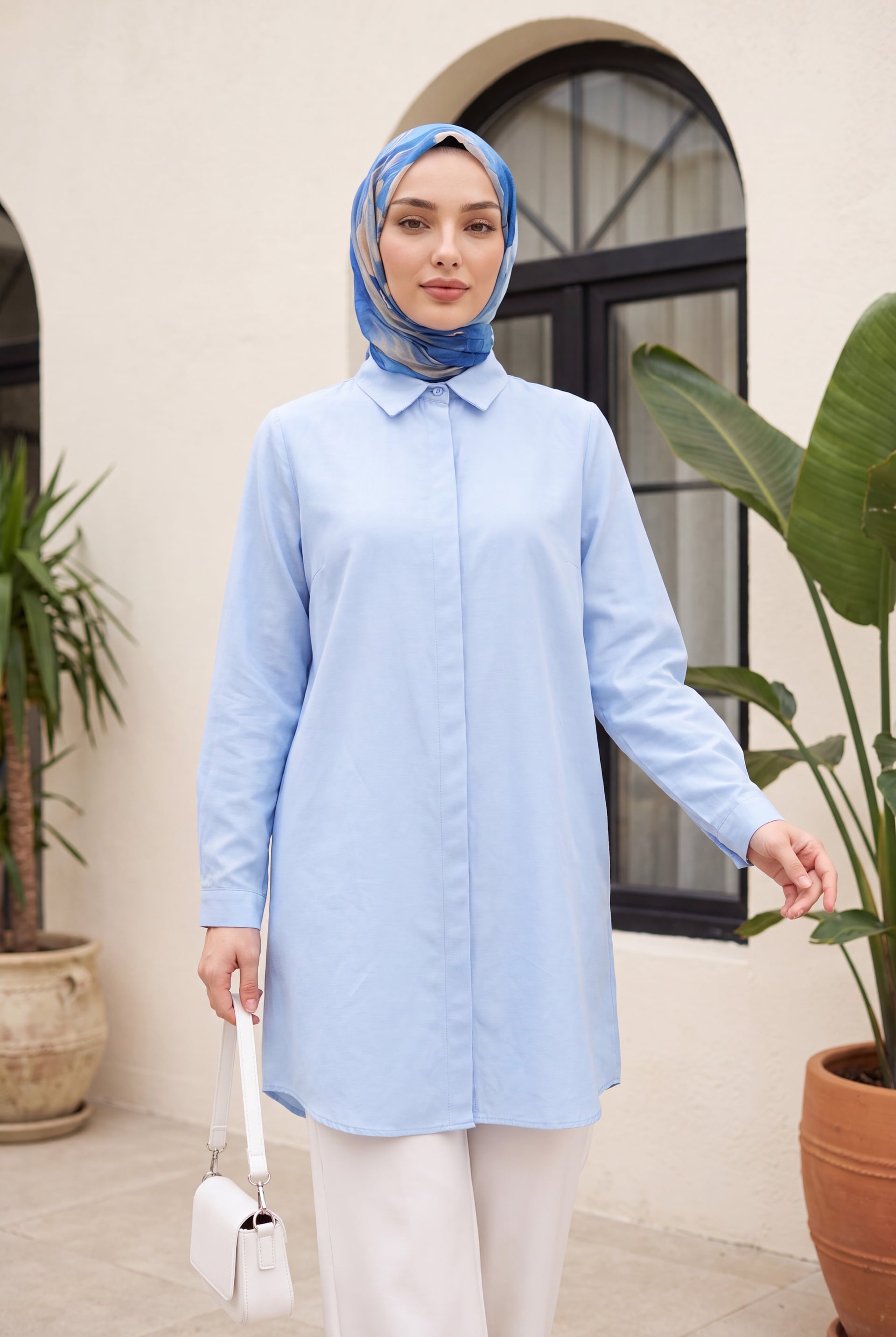 Hidden Button Oval Cut Long Shirt - Baby Blue - Podyumplus - by Peralane - photo 2