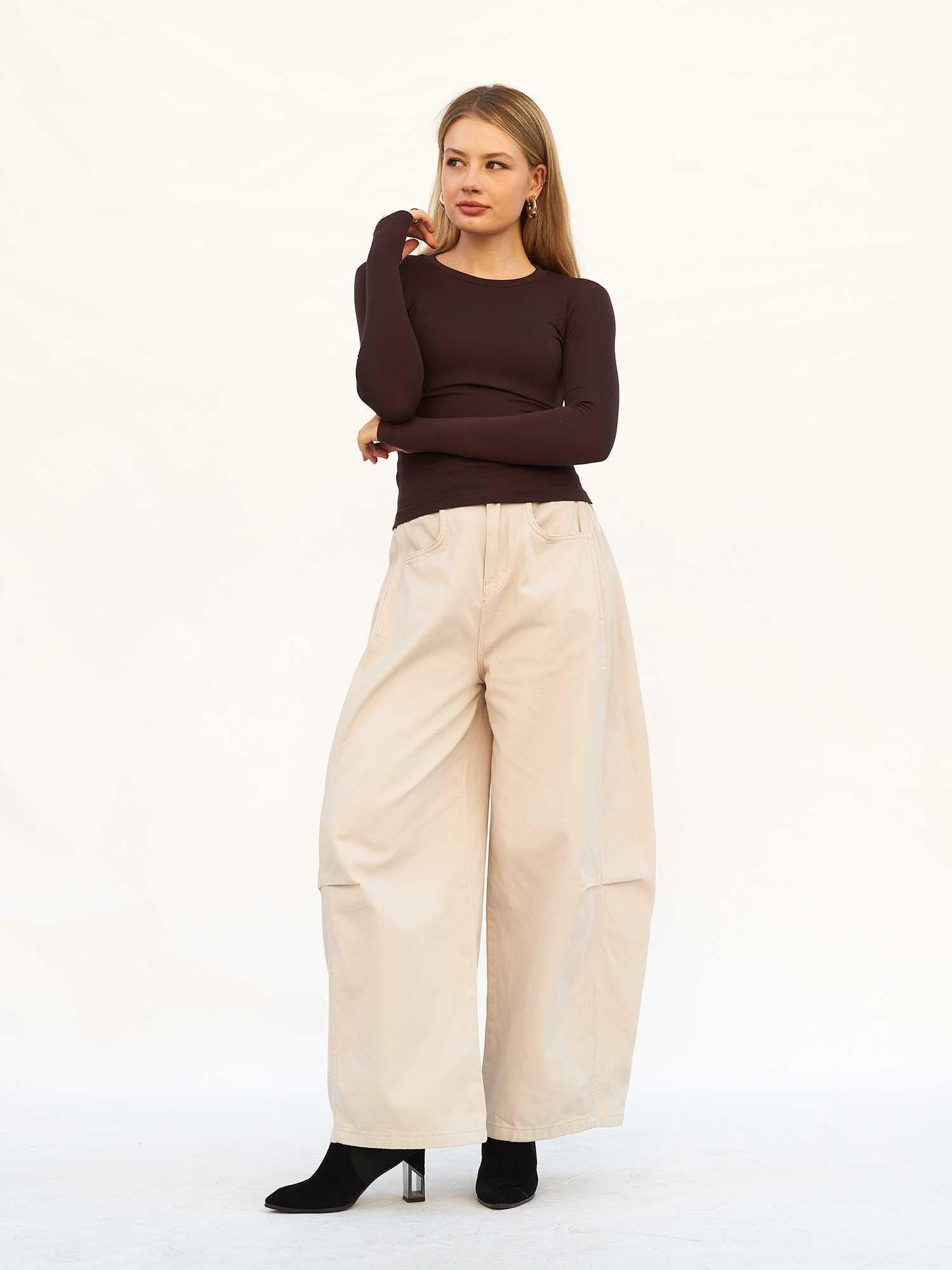 Women's Long-Sleeved Ribbed Knit T-Shirt with Thumbholes - Dark Brown - Lefon - by Peralane - photo 4