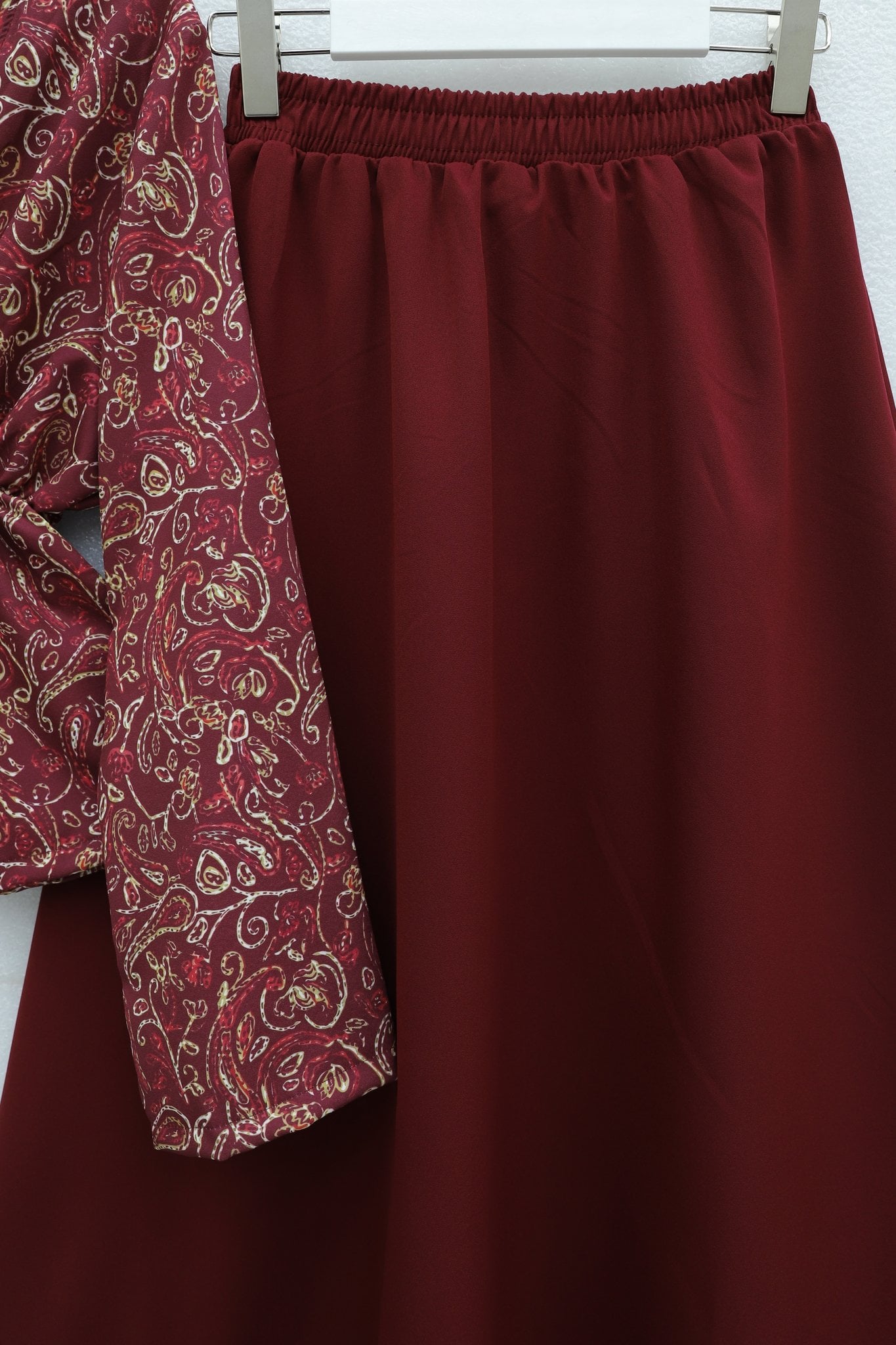 V-Neck Smocked Waist Single Button Patterned Two-Piece Set - Burgundy - Podyumplus - by Peralane - photo 3