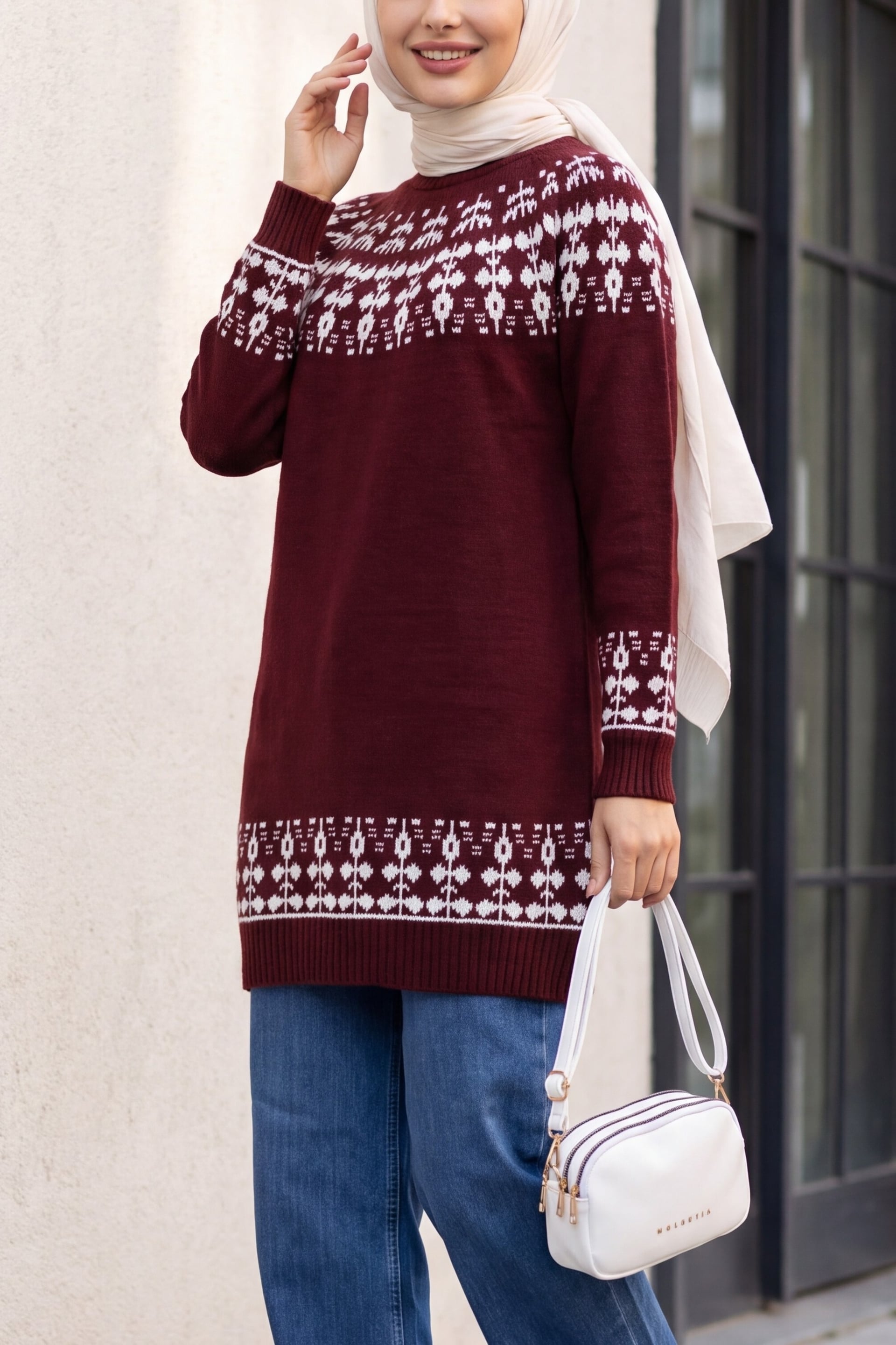 Half-Collar Patterned Knit Tunic Sweater - Burgundy - Podyumplus - by Peralane