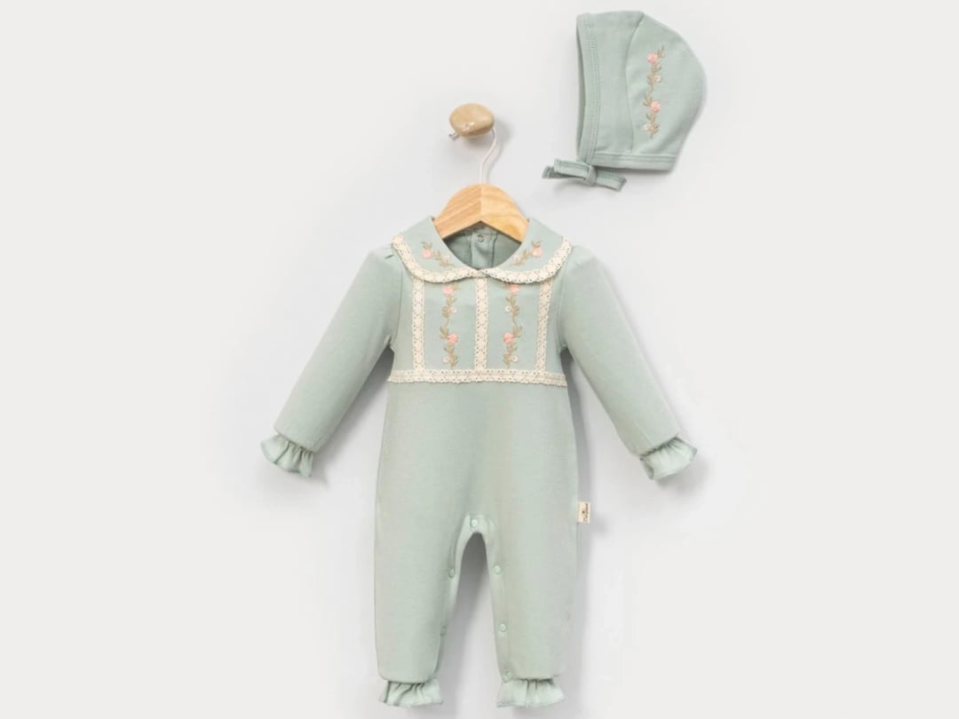 Girls' Baby Romper and Bonnet Set with Floral Embroidery - Pale Green - Cayzen - by Peralane