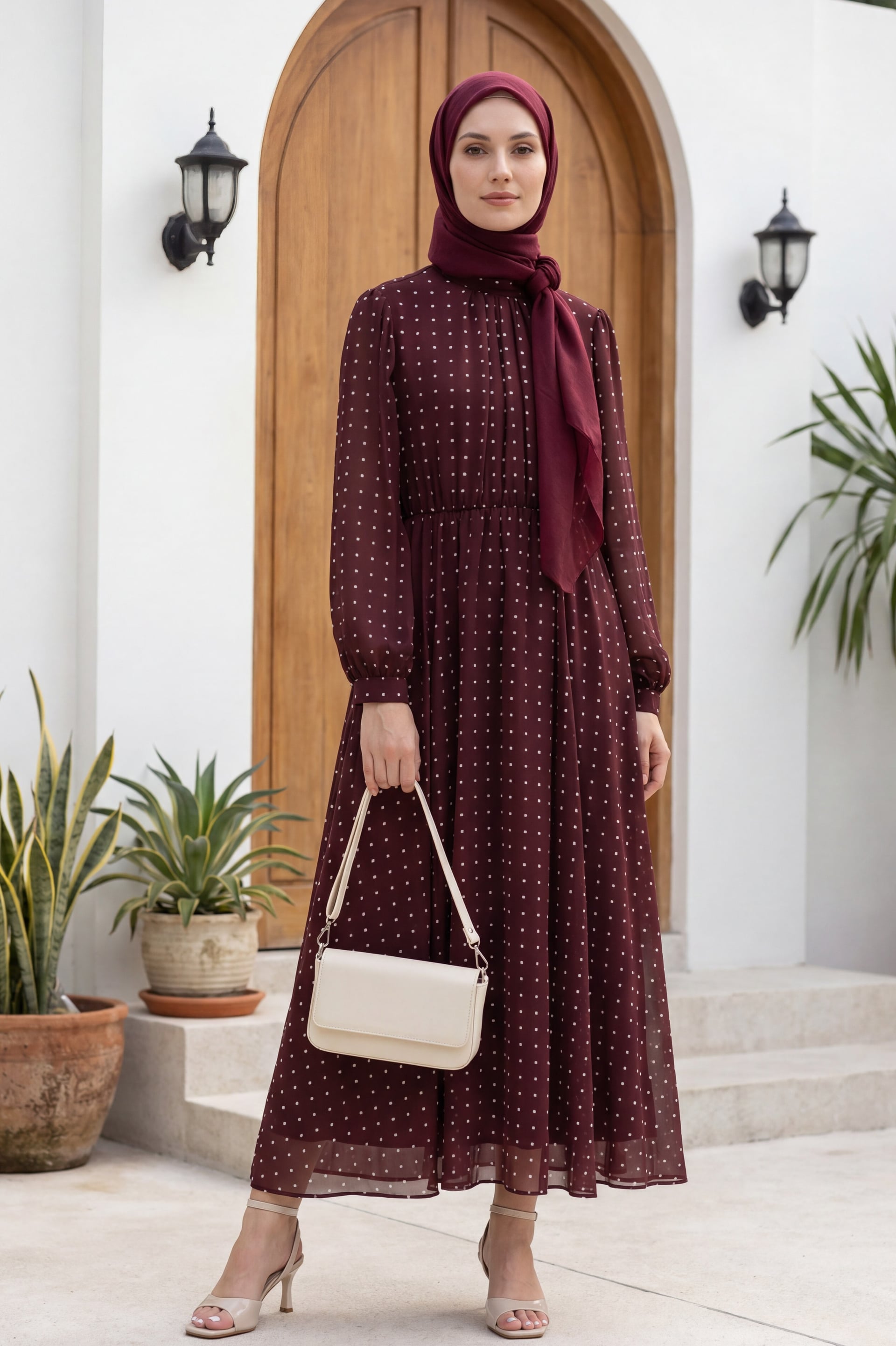 Lined Elasticated Waist Polka Dot Long Chiffon Dress - Burgundy - Podyumplus - by Peralane - photo 3