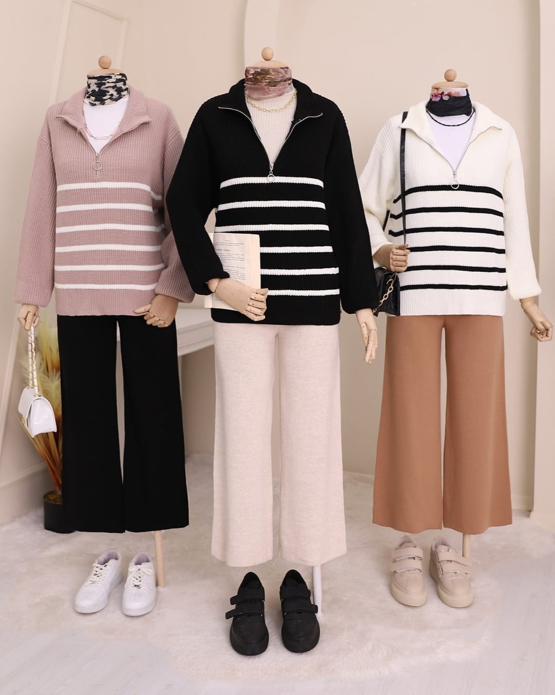Half-Zip Striped Knit Sweatshirt - Black - Podyumplus - by Peralane - photo 4