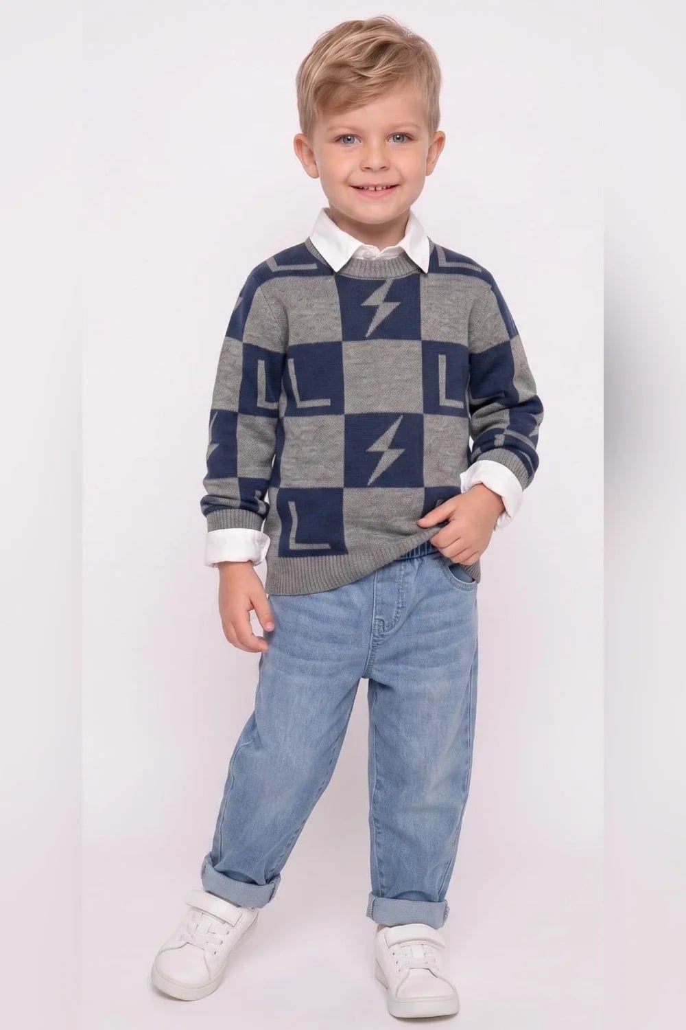 Boys' Knitted Sweater and Shirt Set - Grey Check - Has Bereket - by Peralane