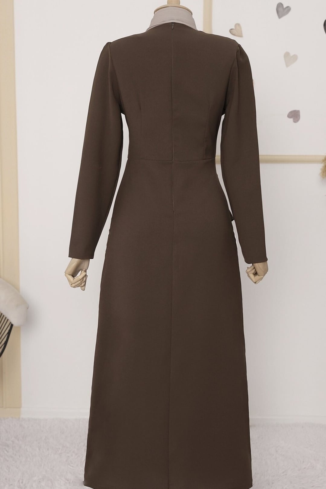 Asymmetric Wrap-Style Brown Dress with Long Sleeves - Podyumplus - by Peralane - photo 3