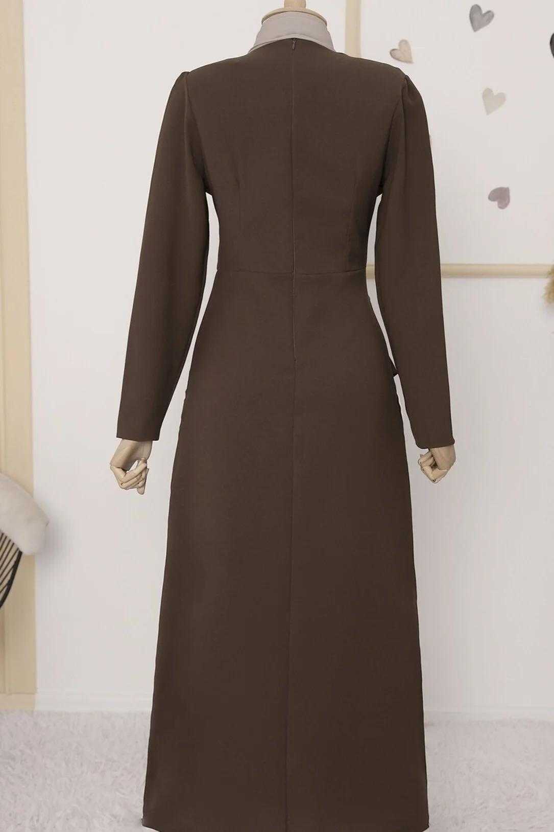 Asymmetric Wrap-Style Brown Dress with Long Sleeves - Podyumplus - by Peralane - photo 3