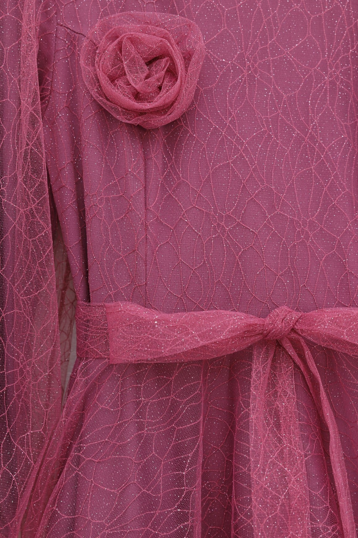 Sequin Tulle Evening Dress with Elastic Cuffs and Belt - Dusty Rose - Podyumplus - by Peralane - photo 5